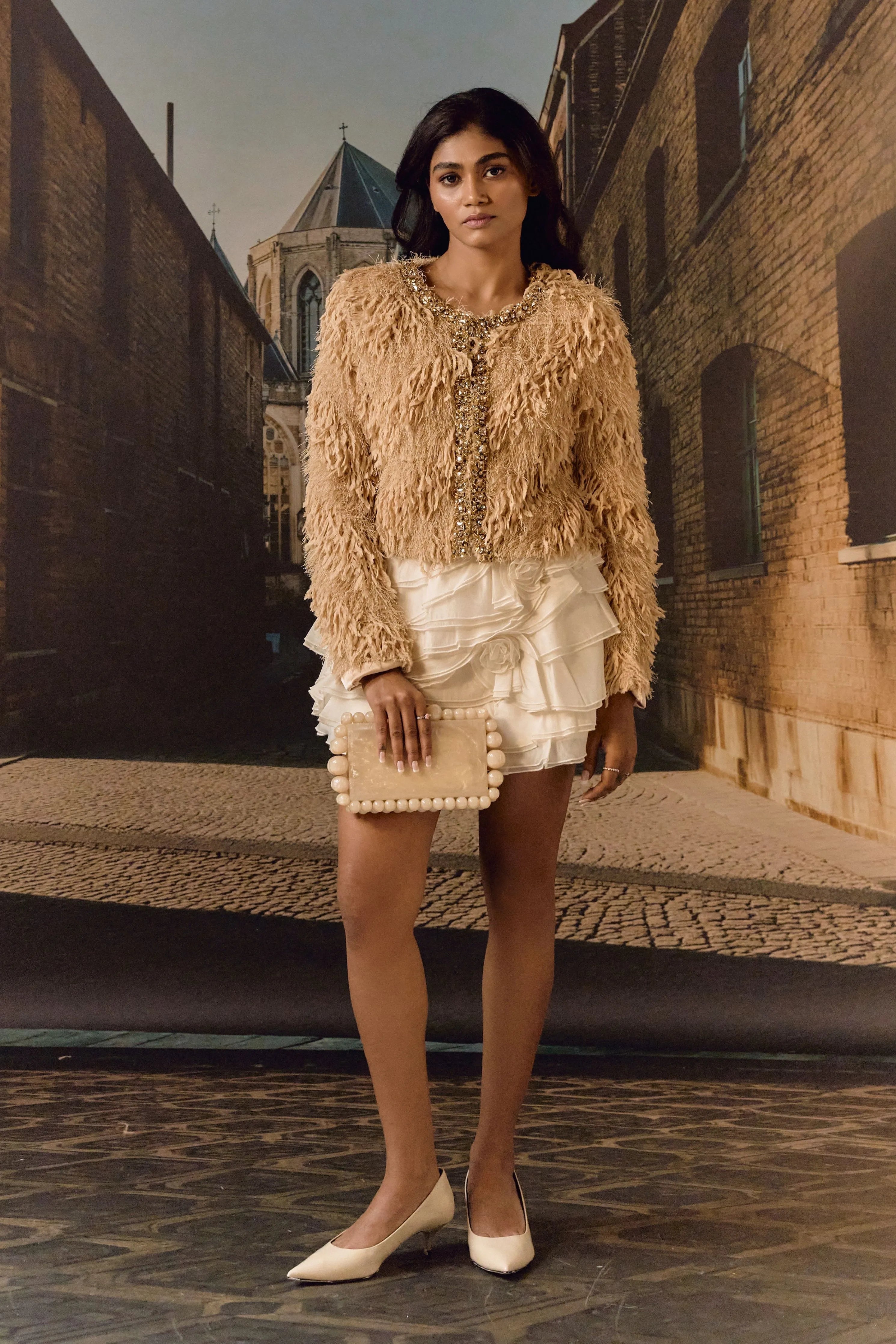 Feathered Crystal Jacket- Biscuit