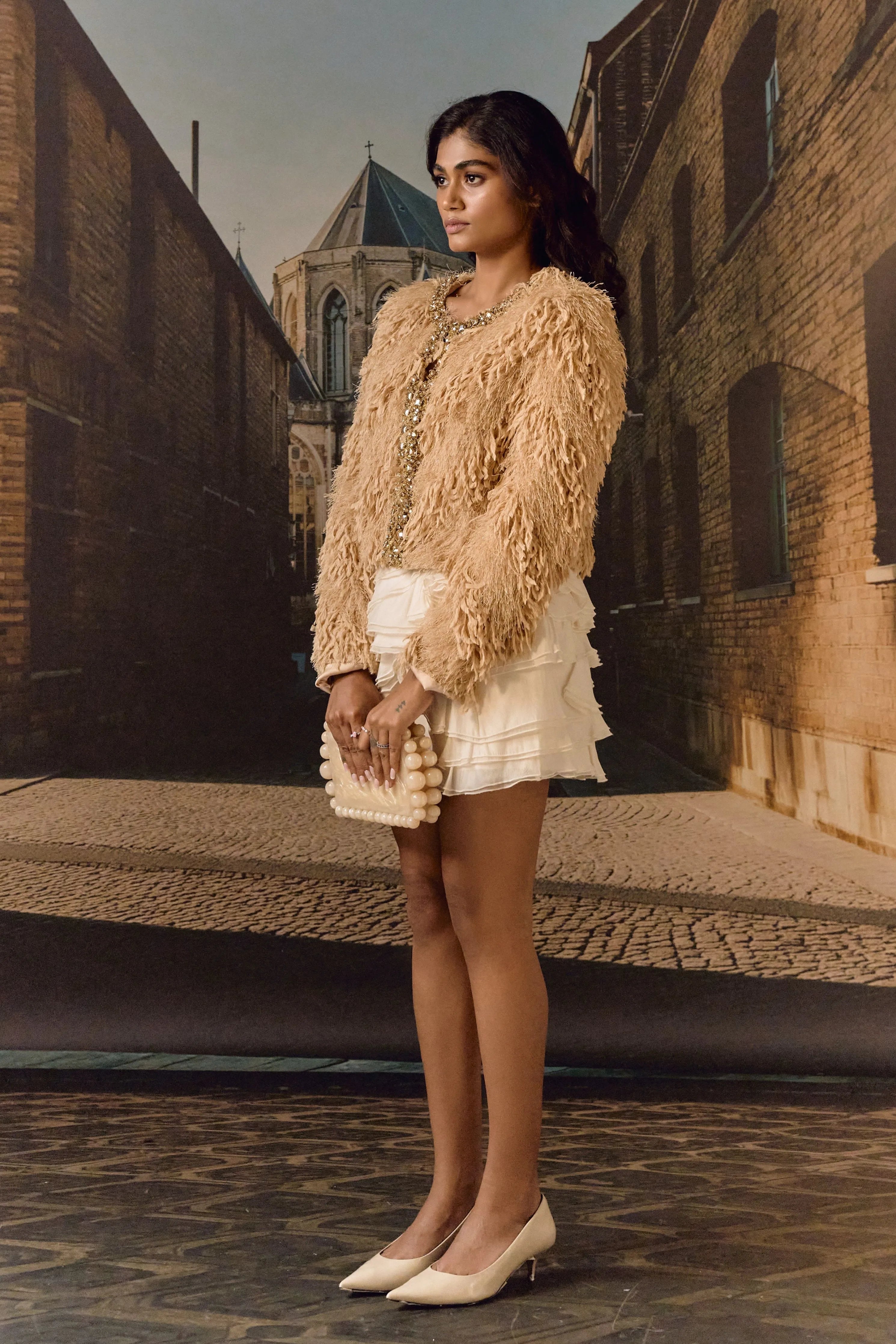 Feathered Crystal Jacket- Biscuit