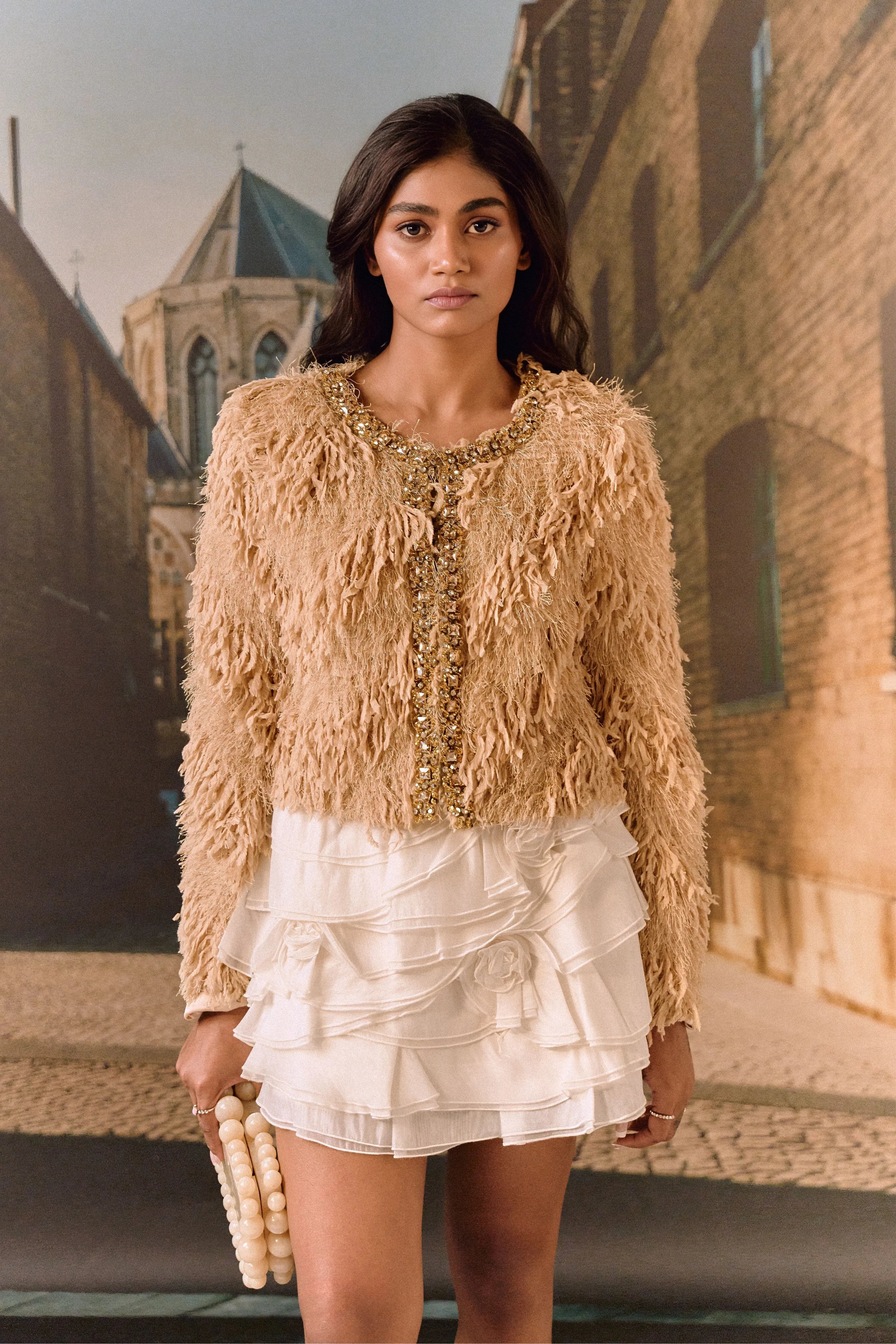 Feathered Crystal Jacket- Biscuit