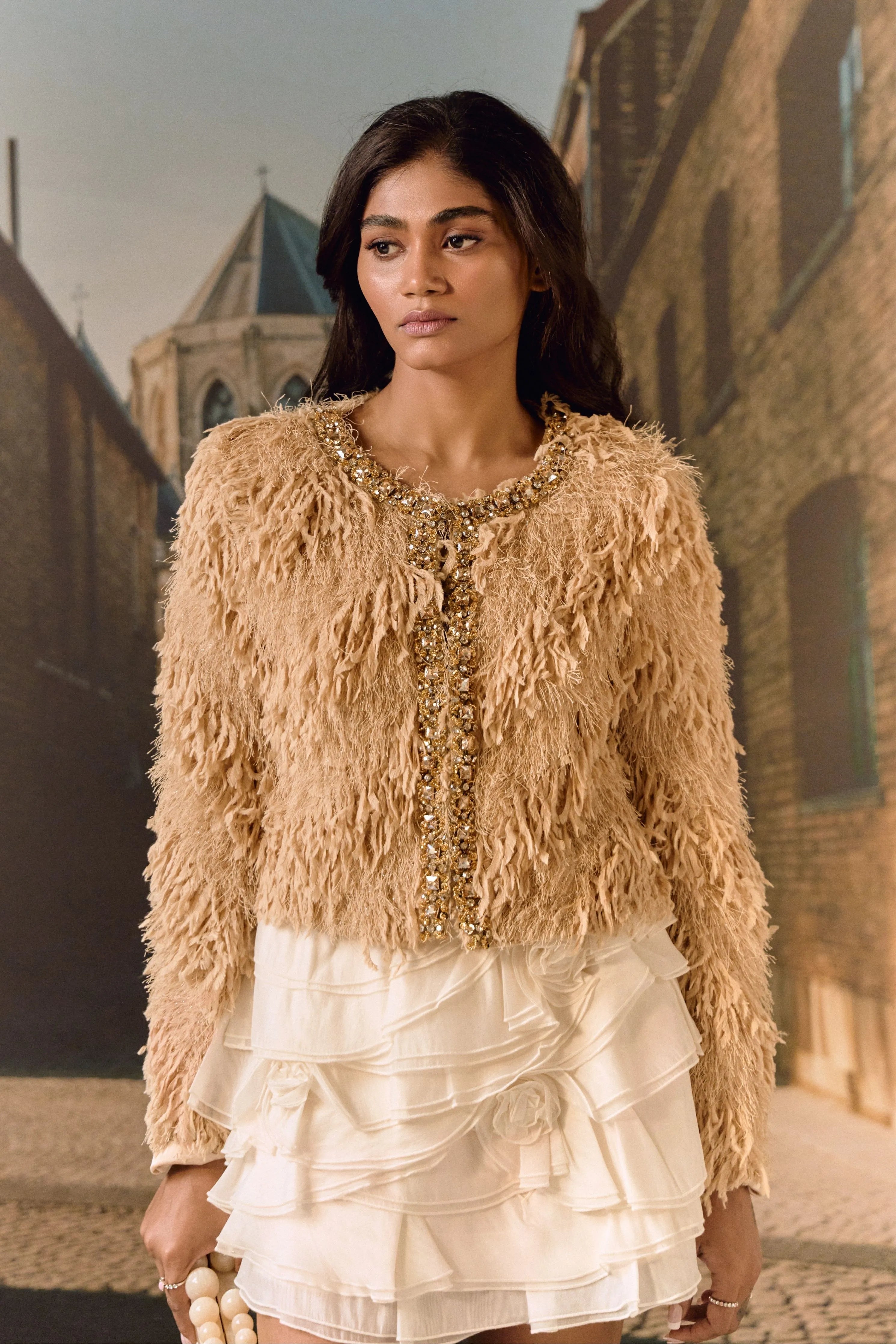 Feathered Crystal Jacket- Biscuit