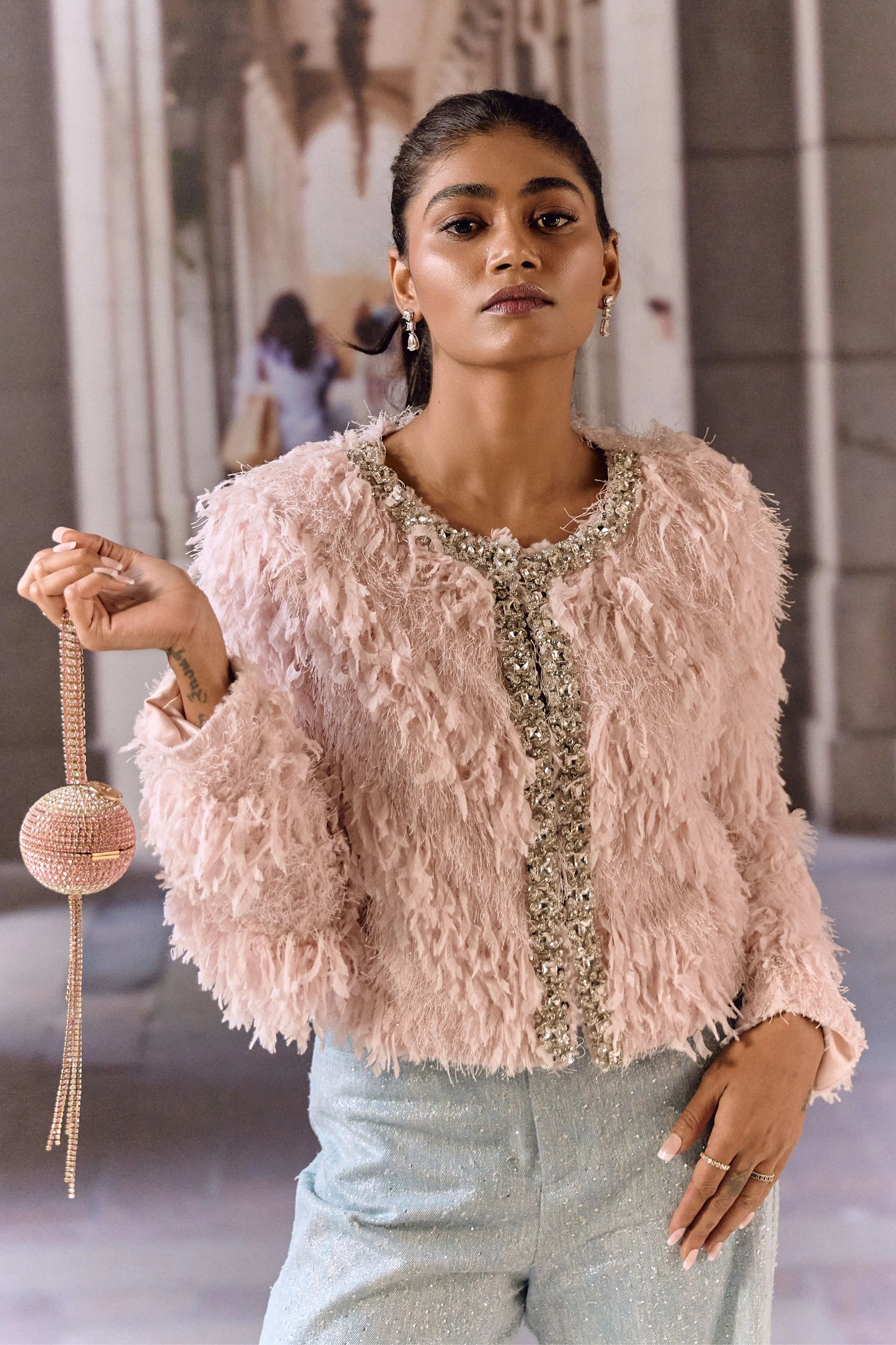 Feathered Crystal Jacket- Pink
