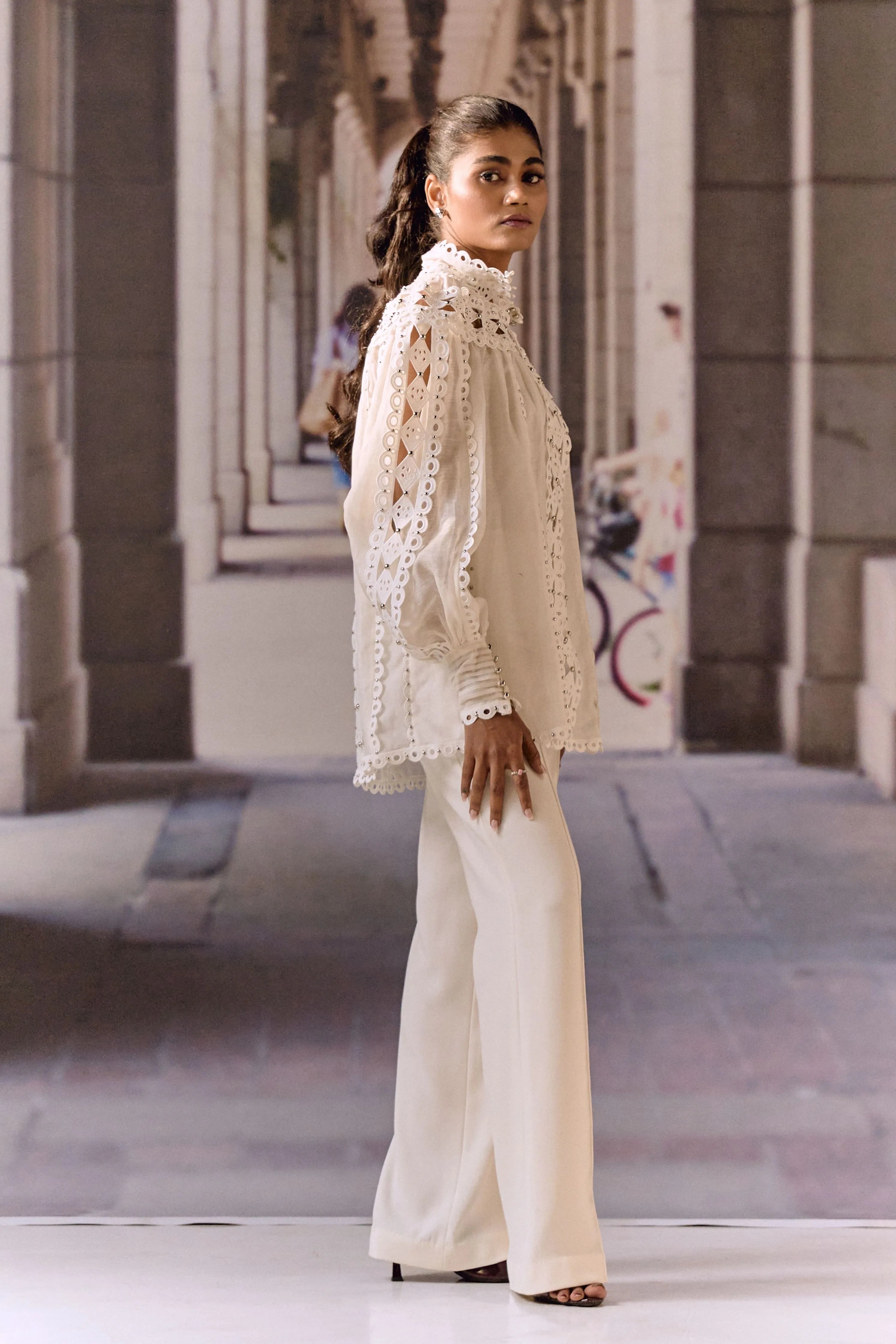 Lace Embellished Linen Blouse
