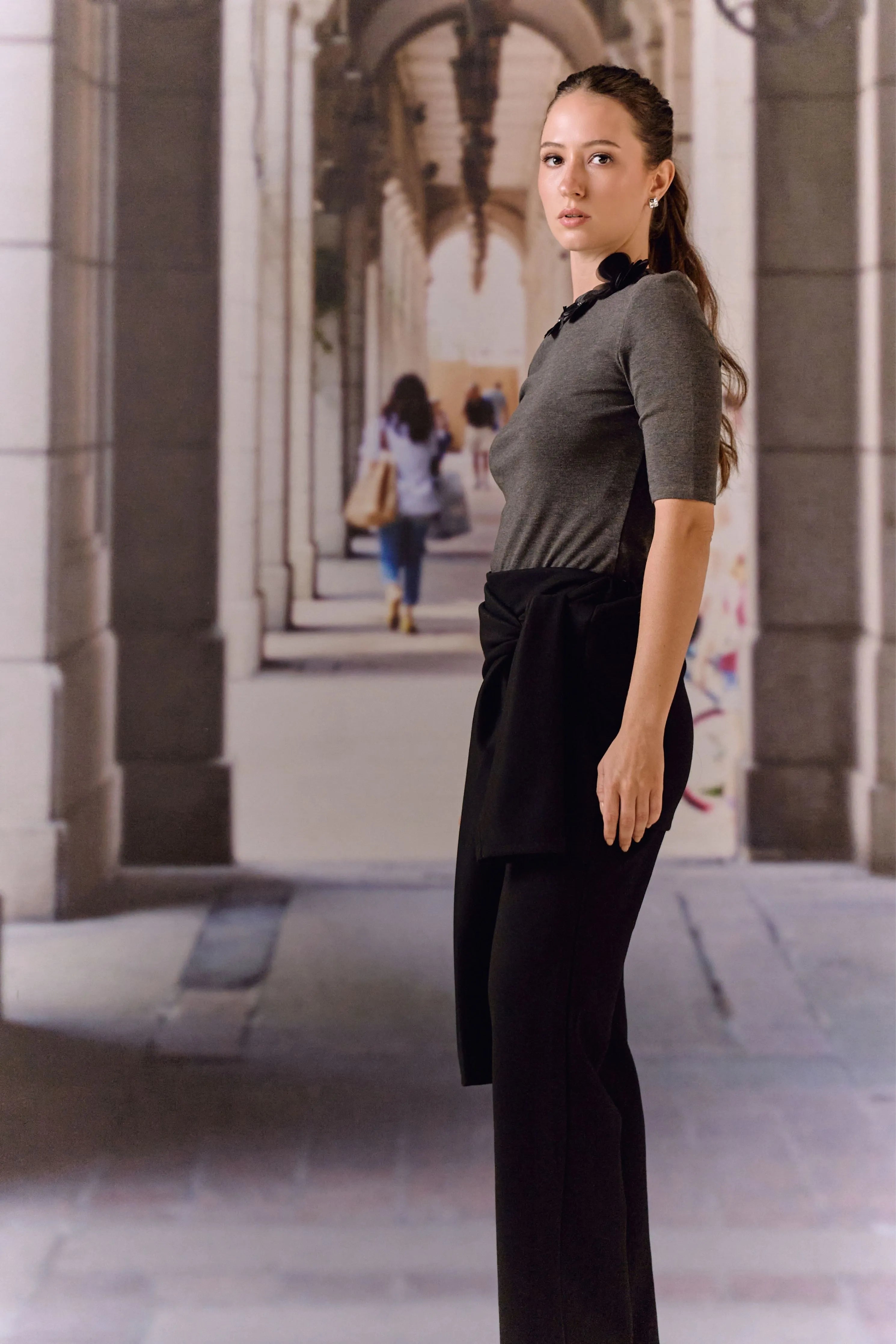 Black Tie-Waist Knit Trousers