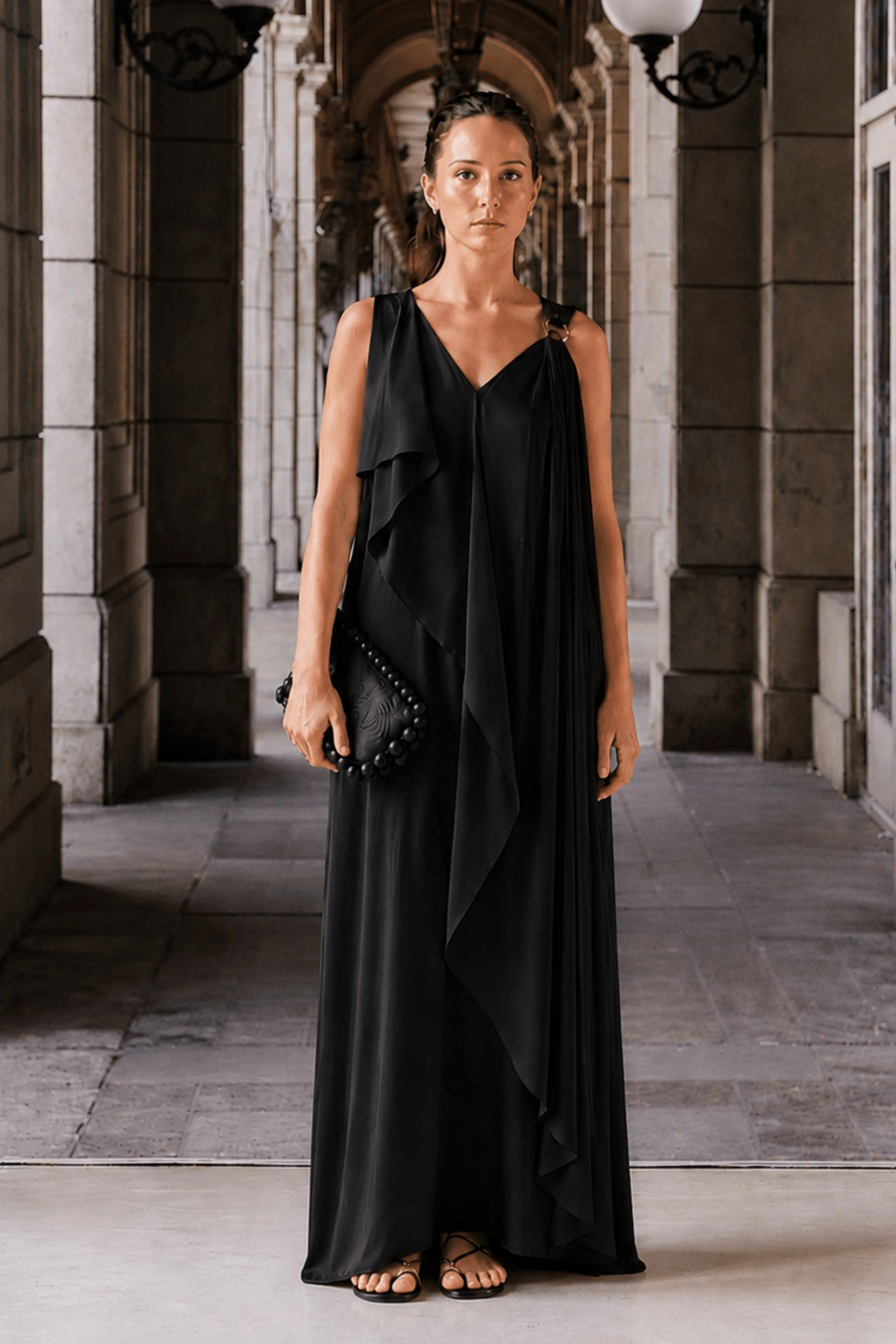 Asymmetric Draped Dress- Black