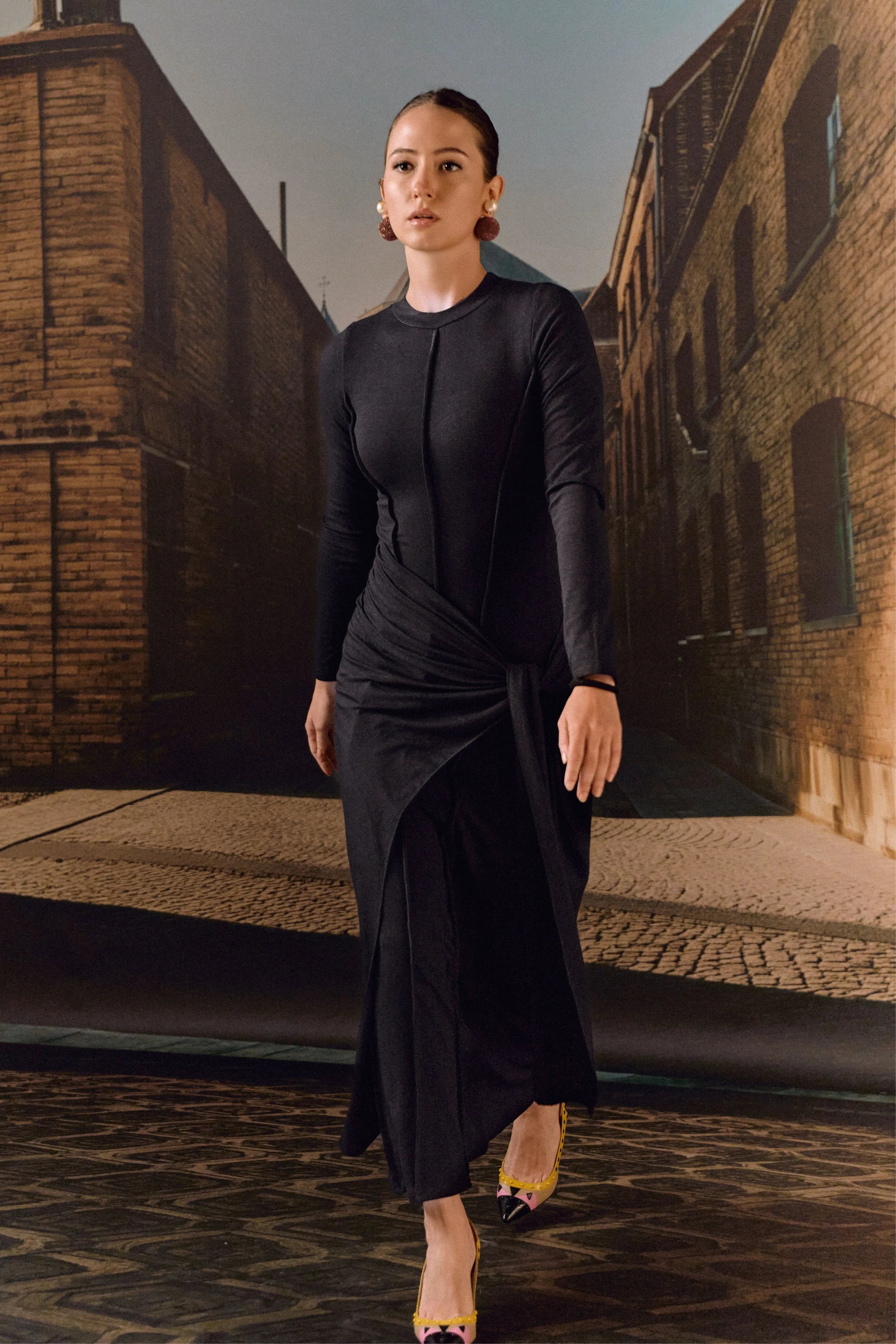 Black Draped Knit Maxi Dress