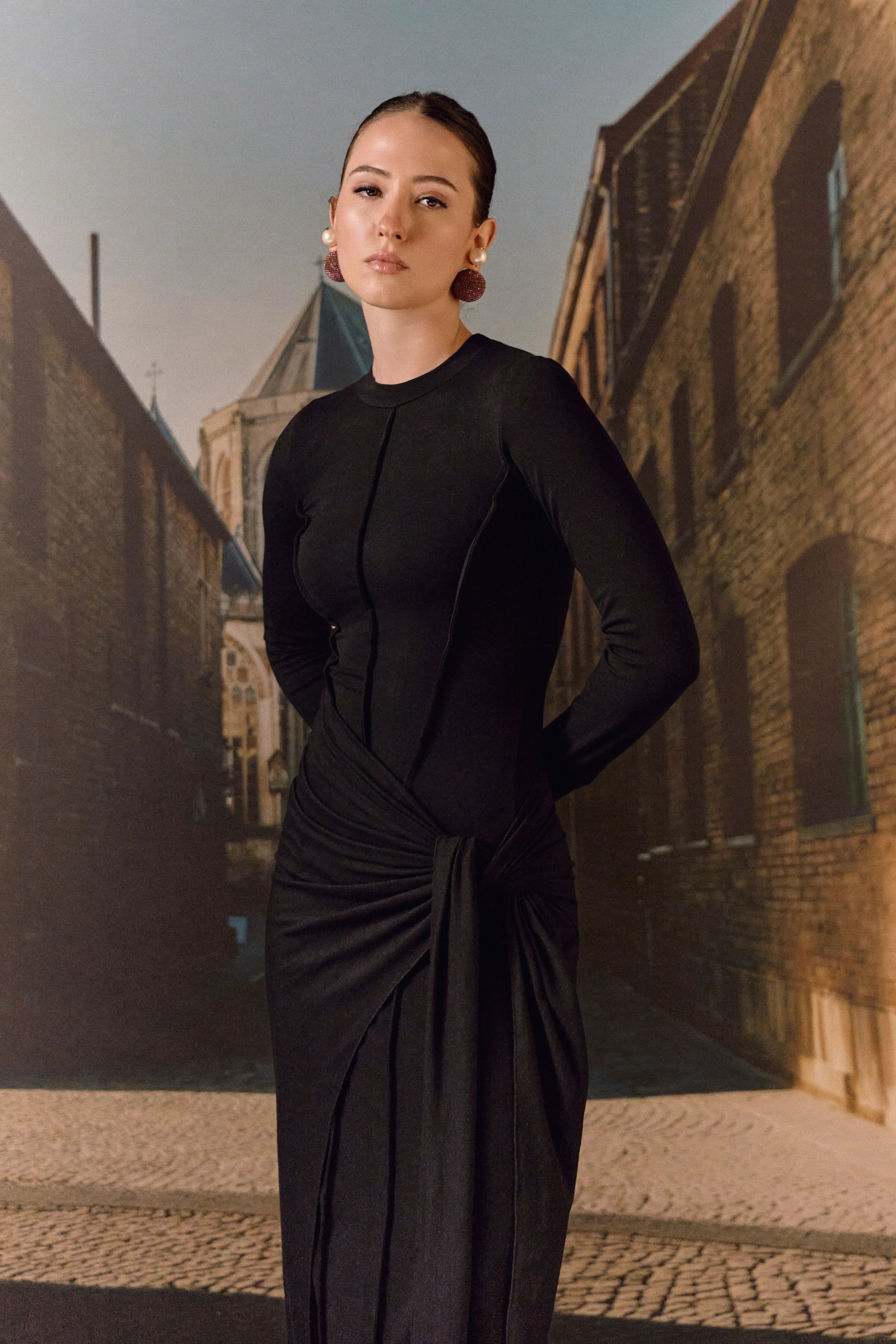 Black Draped Knit Maxi Dress