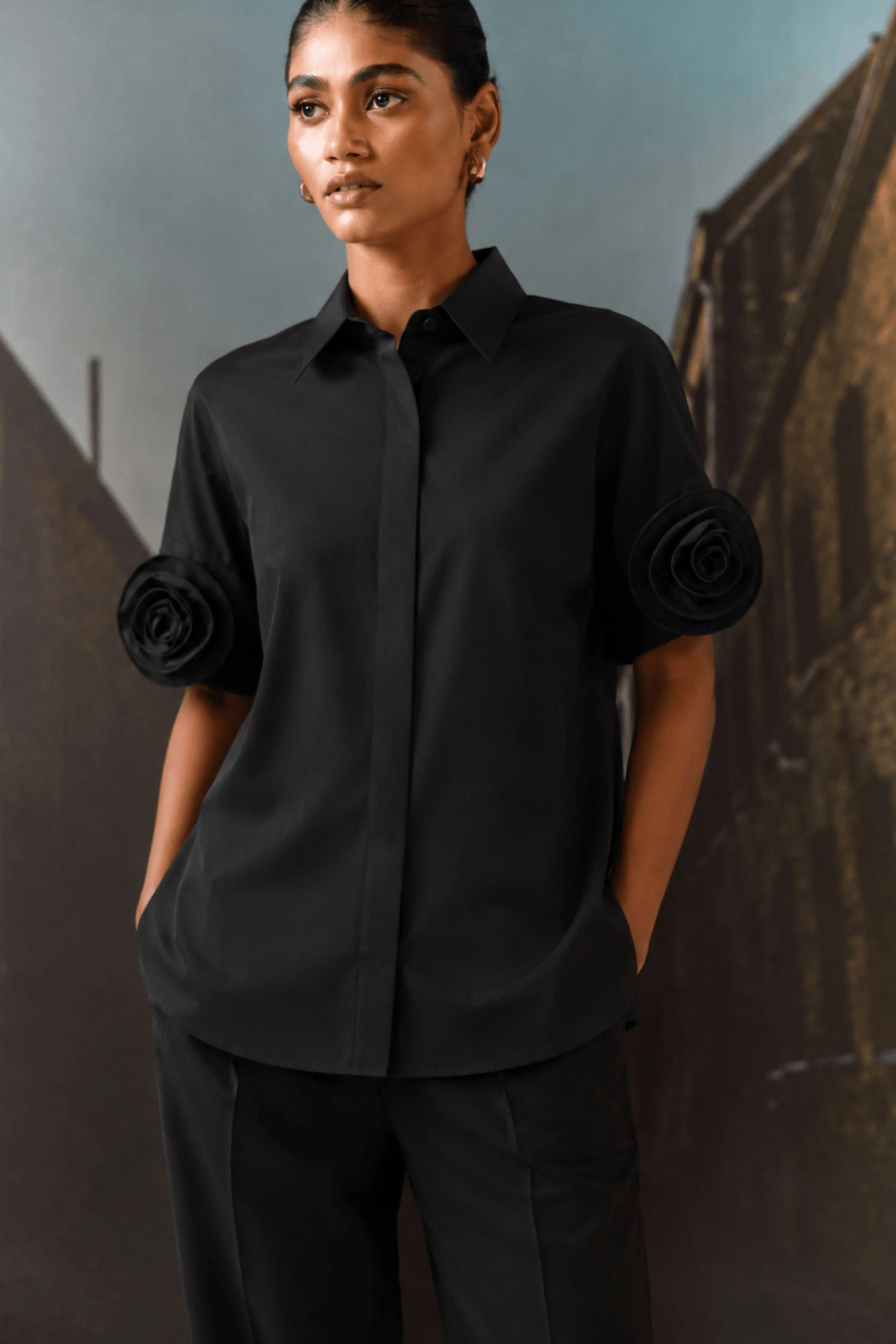 Rosette Sleeve Shirt Black
