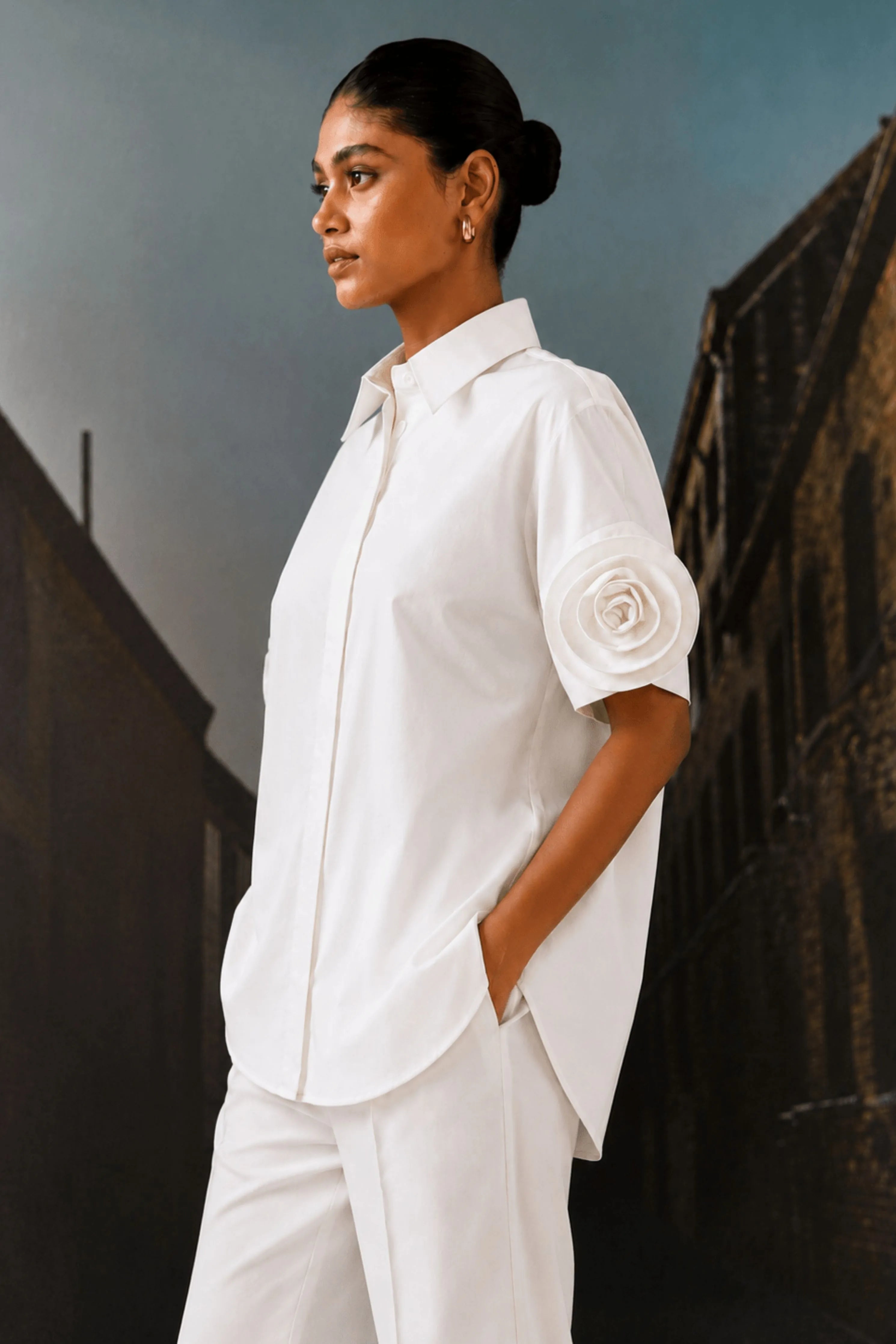 Rosette Sleeve Shirt White