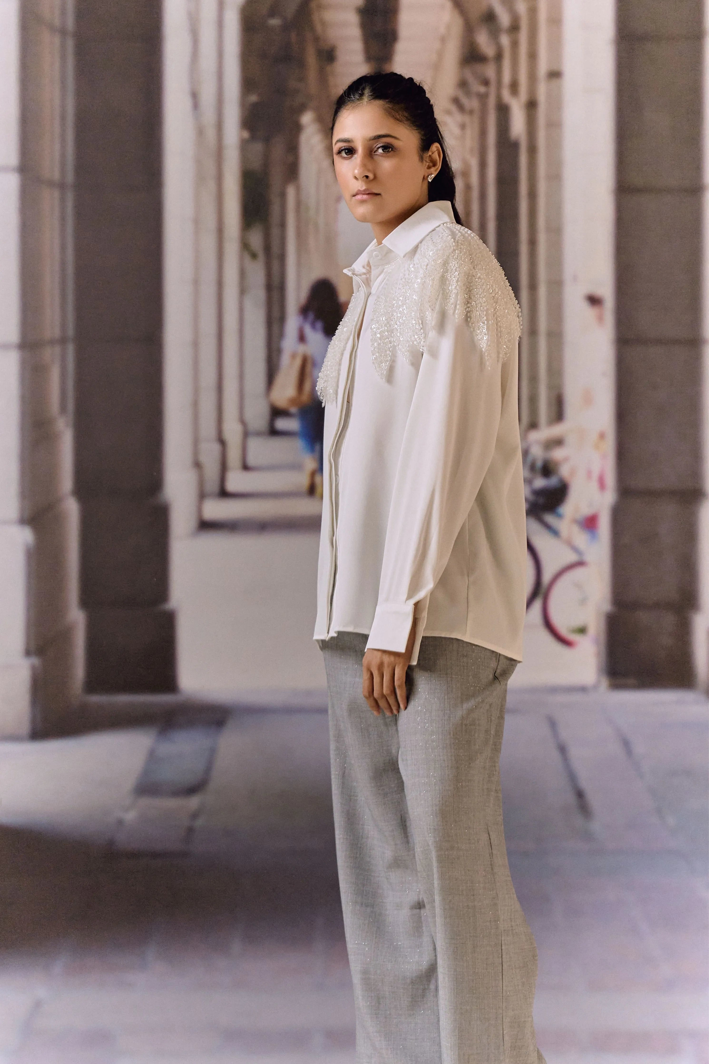 Grey Sparkle Wide-Leg Trousers