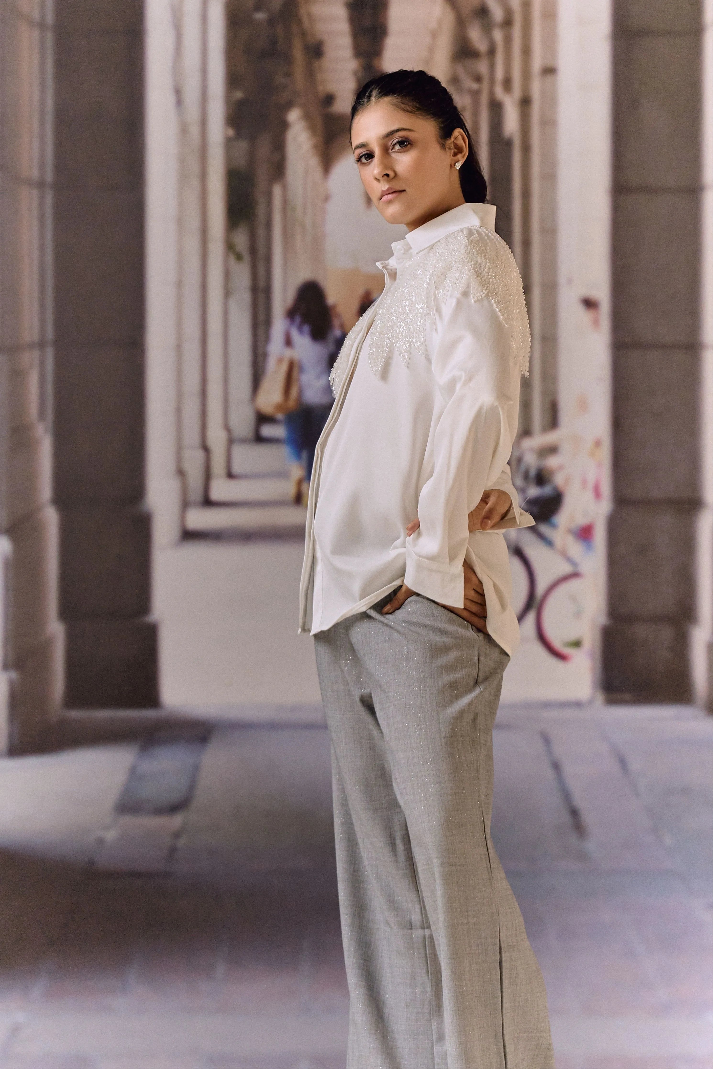 Grey Sparkle Wide-Leg Trousers