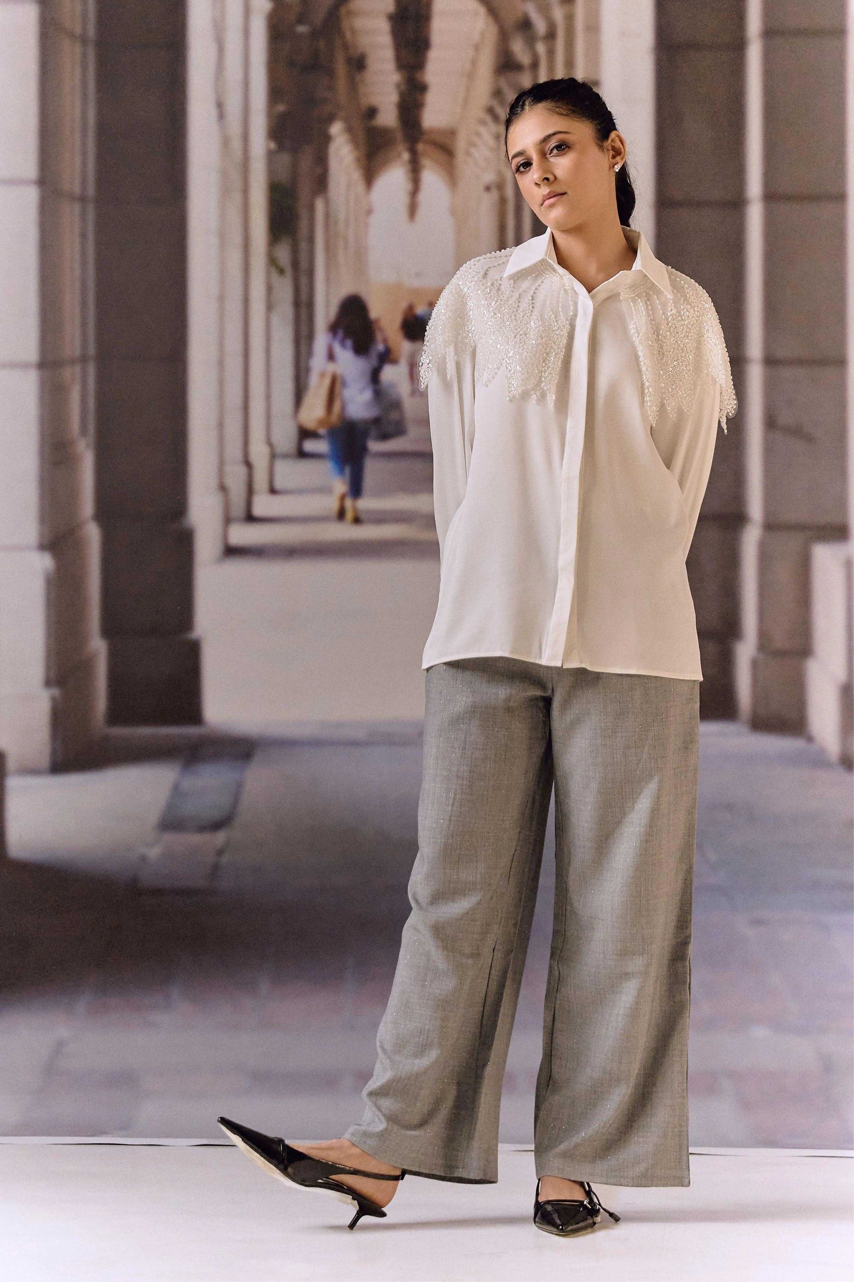 Bugle Beaded Satin Shirt- White