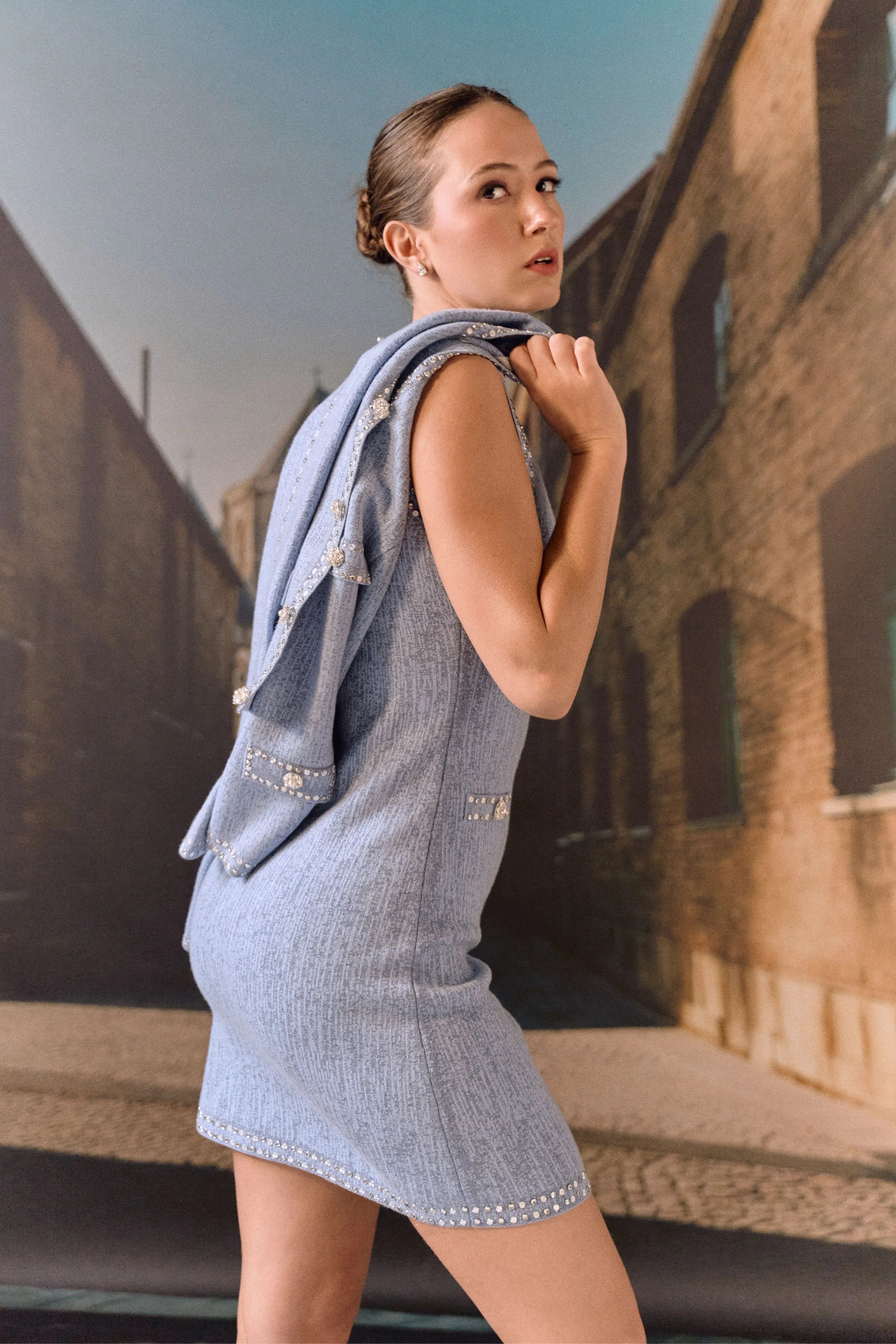 Cashmere shift dress with crystals