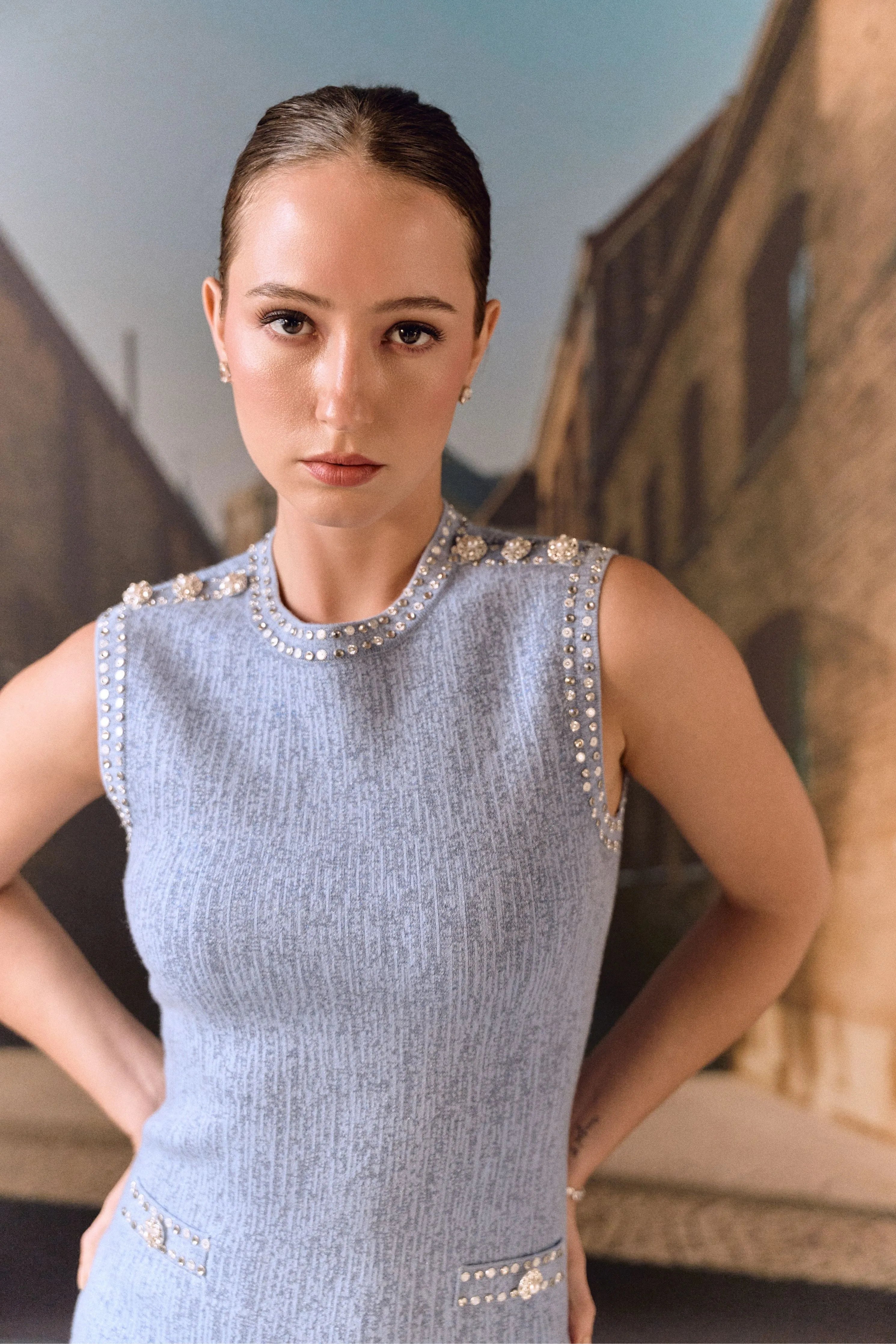 Cashmere shift dress with crystals