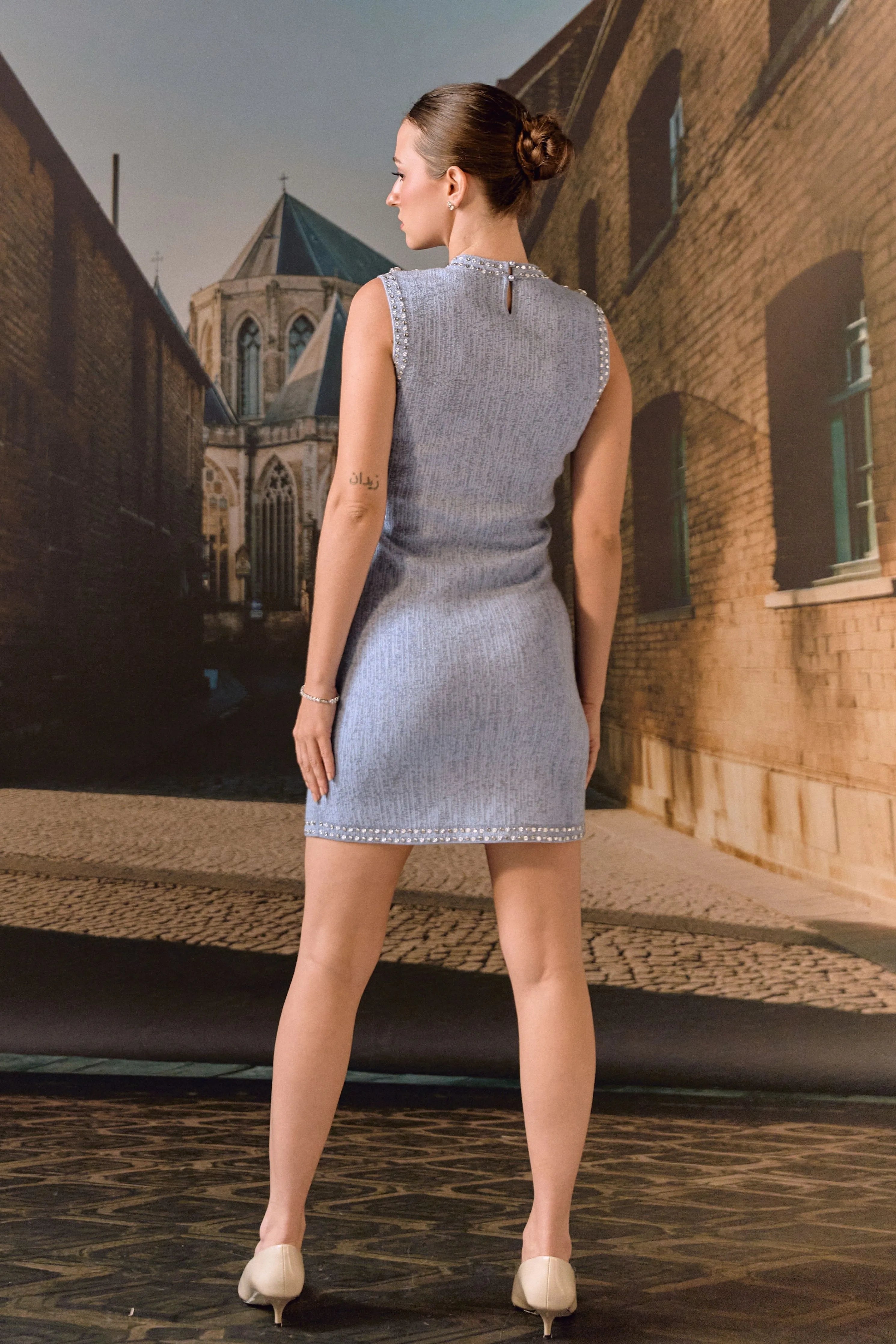 Cashmere shift dress with crystals