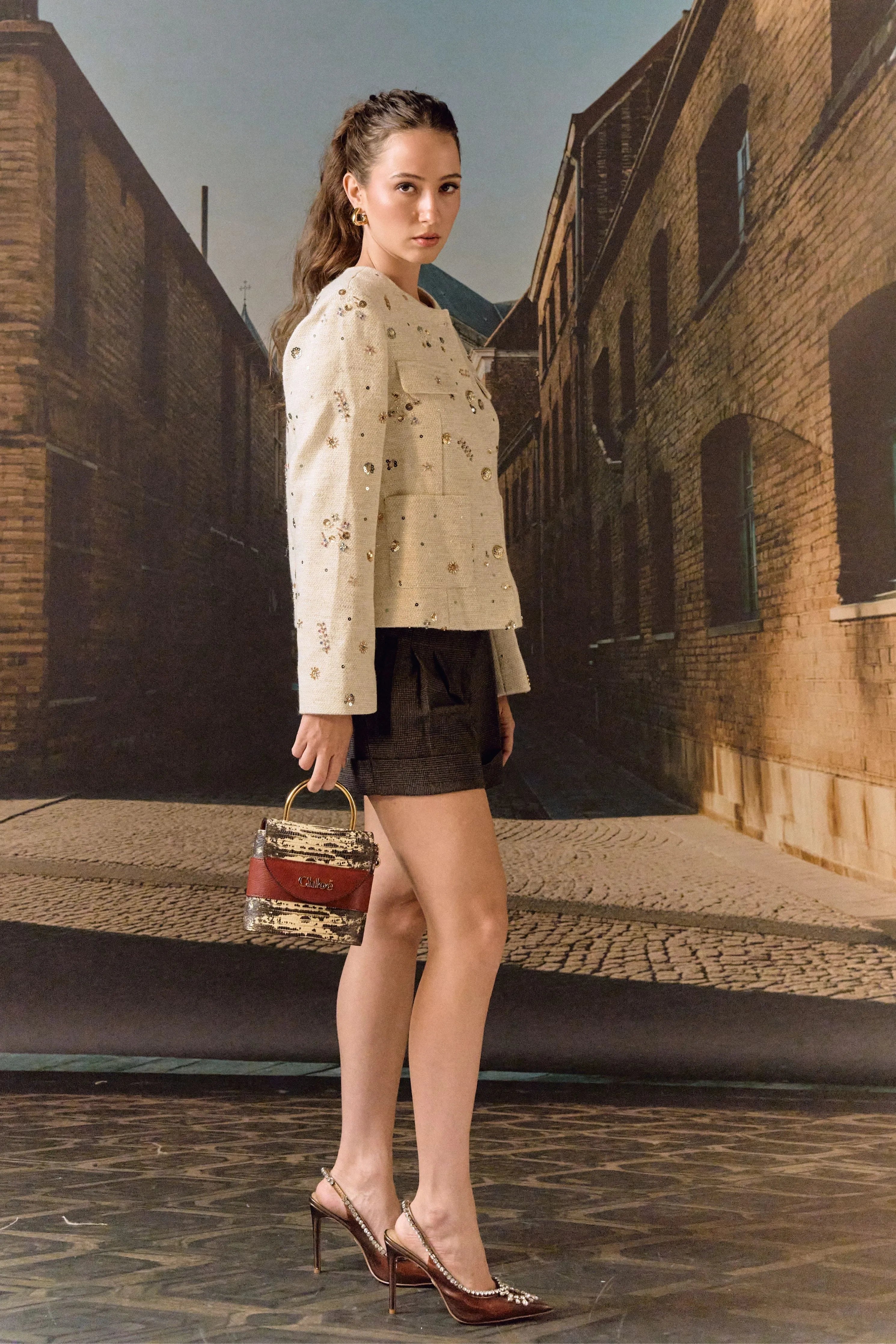 Tweed Hand Embroidered Jacket- Biscuit