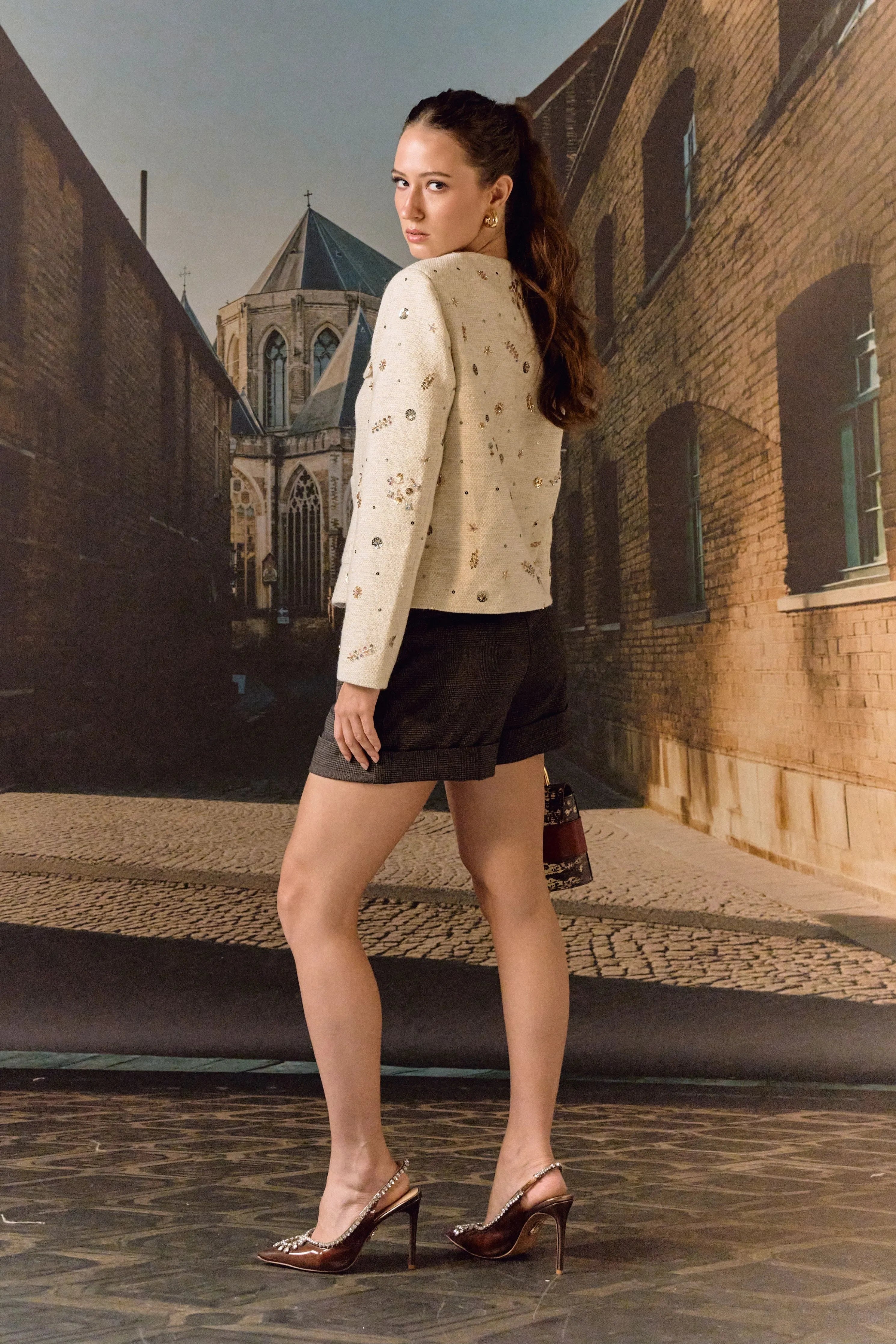 Tweed Hand Embroidered Jacket- Biscuit