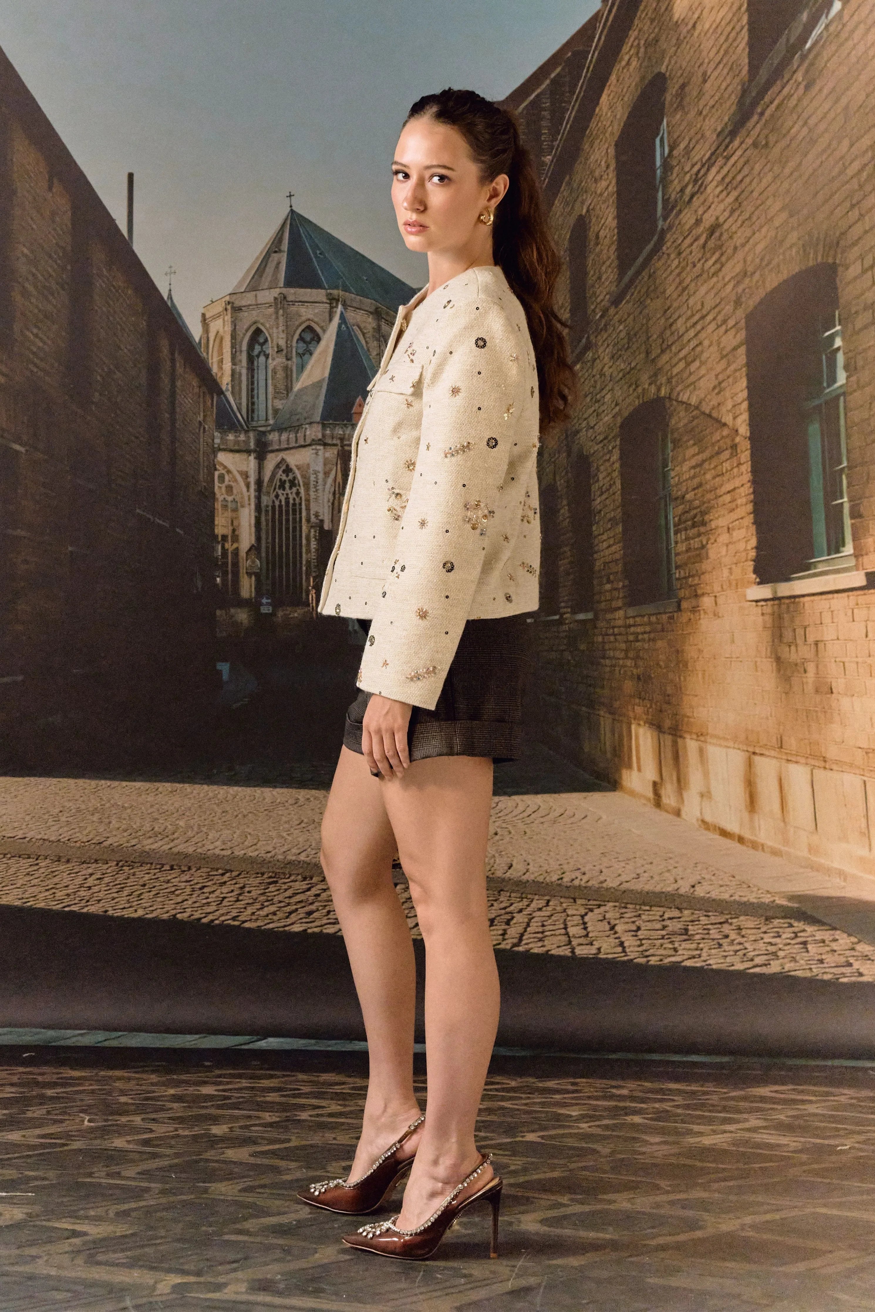 Tweed Hand Embroidered Jacket- Biscuit
