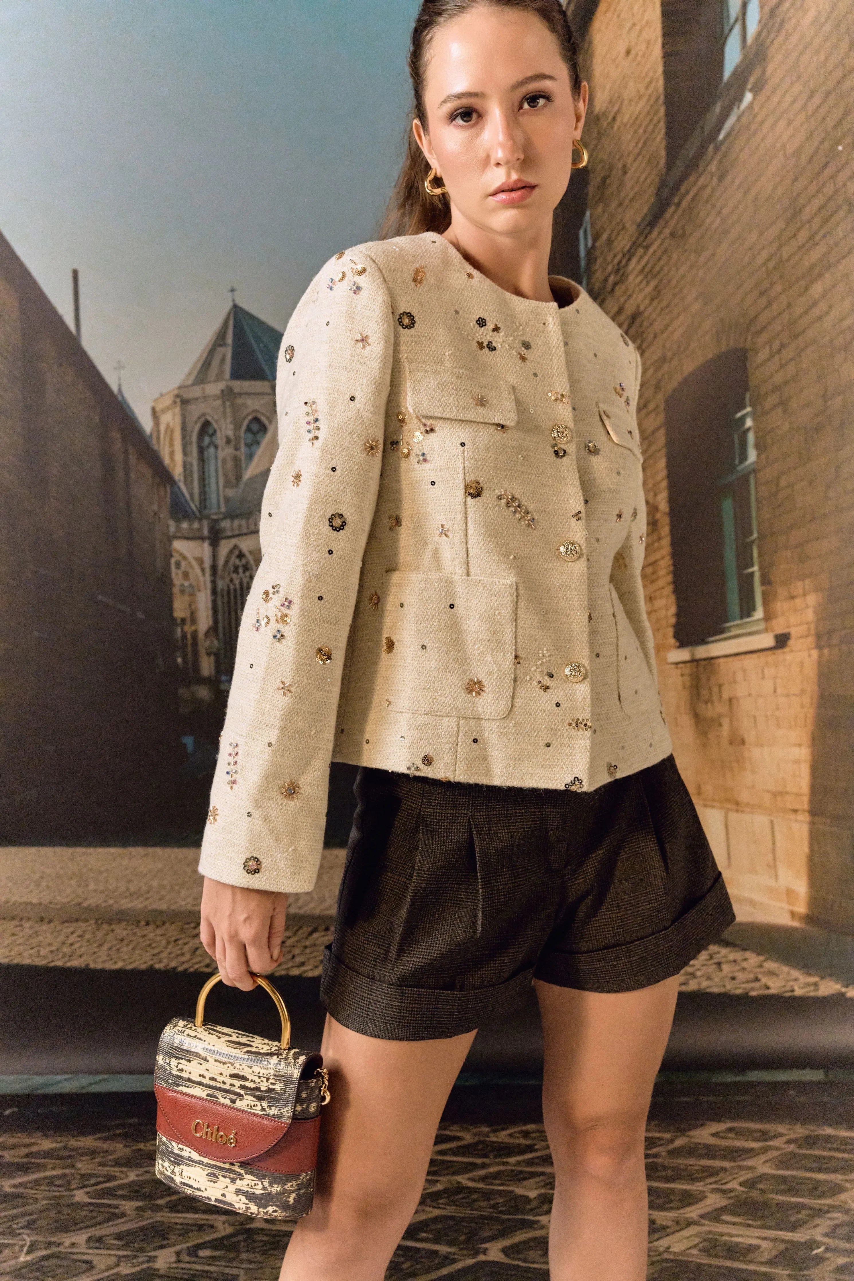 Tweed Hand Embroidered Jacket- Biscuit
