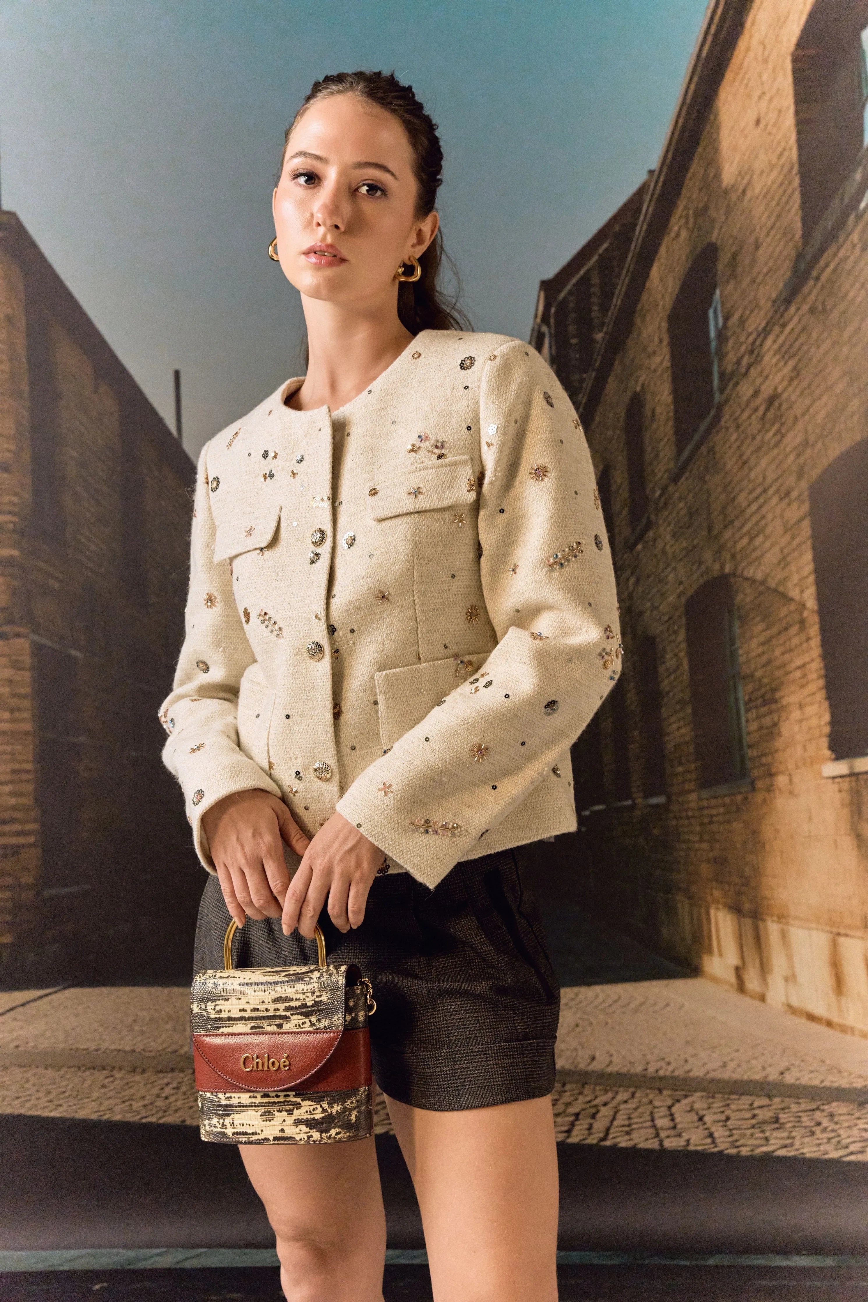 Tweed Hand Embroidered Jacket- Biscuit