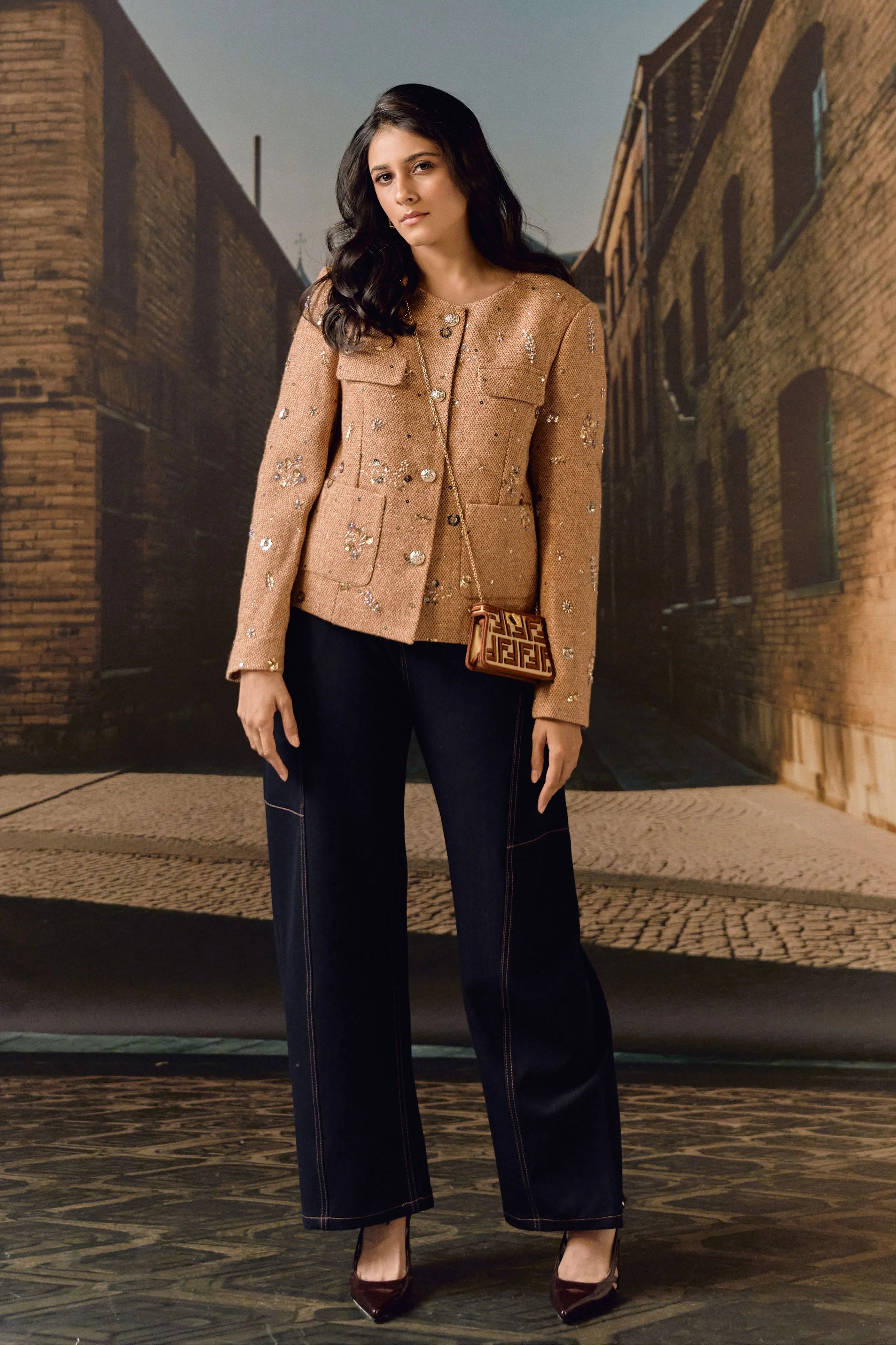 Tweed Hand Embroidered Jacket- Sand