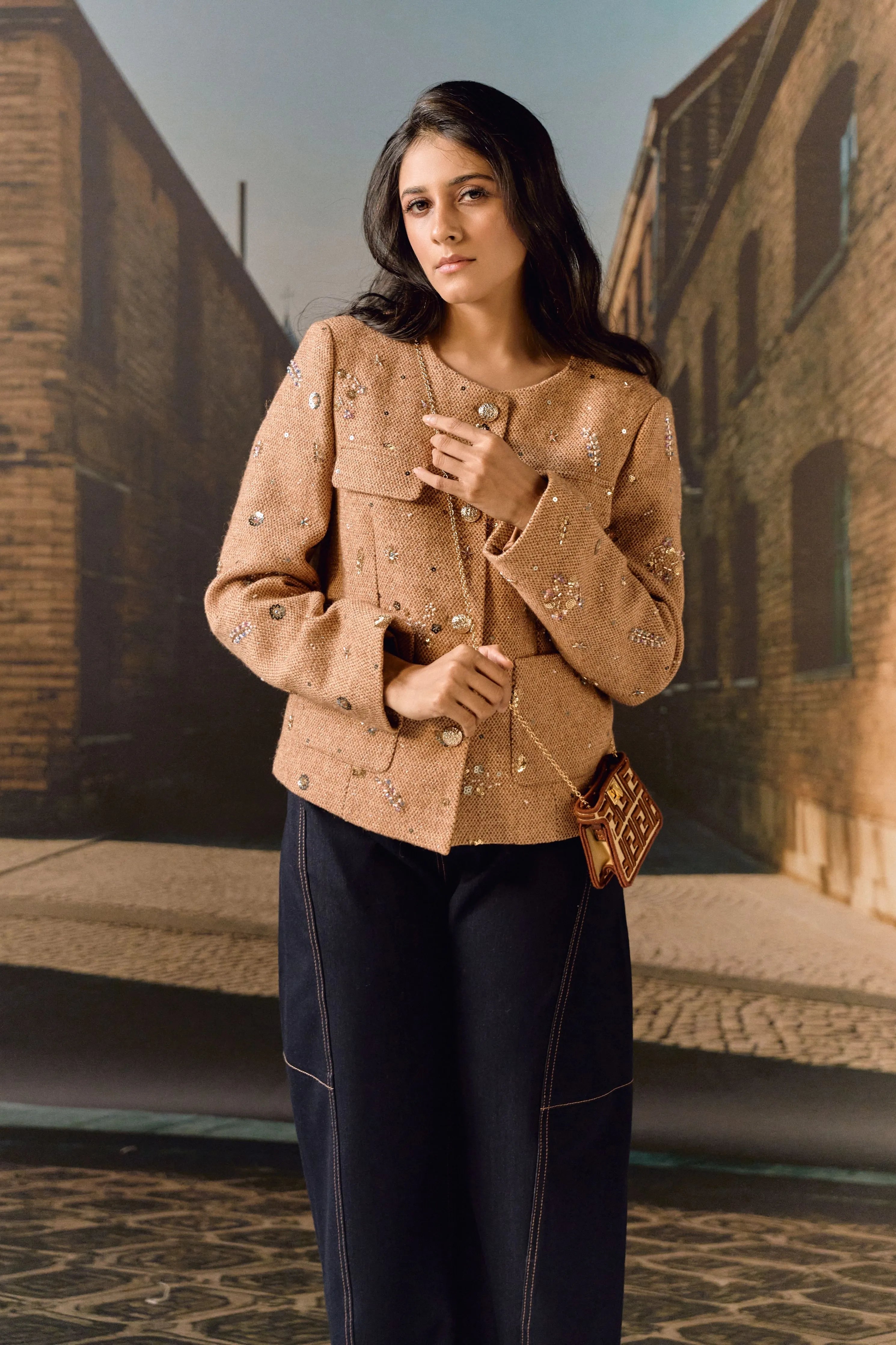 Tweed Hand Embroidered Jacket- Sand