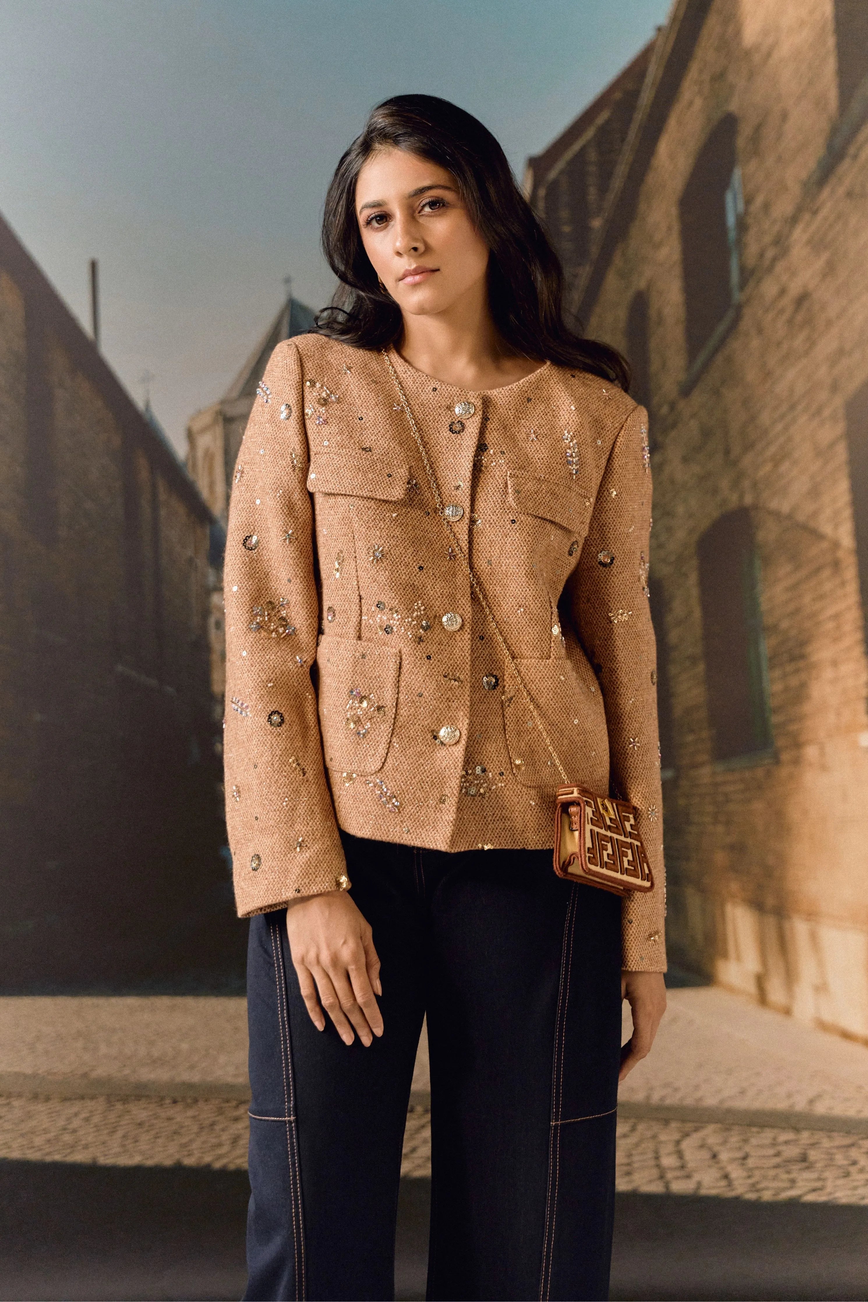Tweed Hand Embroidered Jacket- Sand
