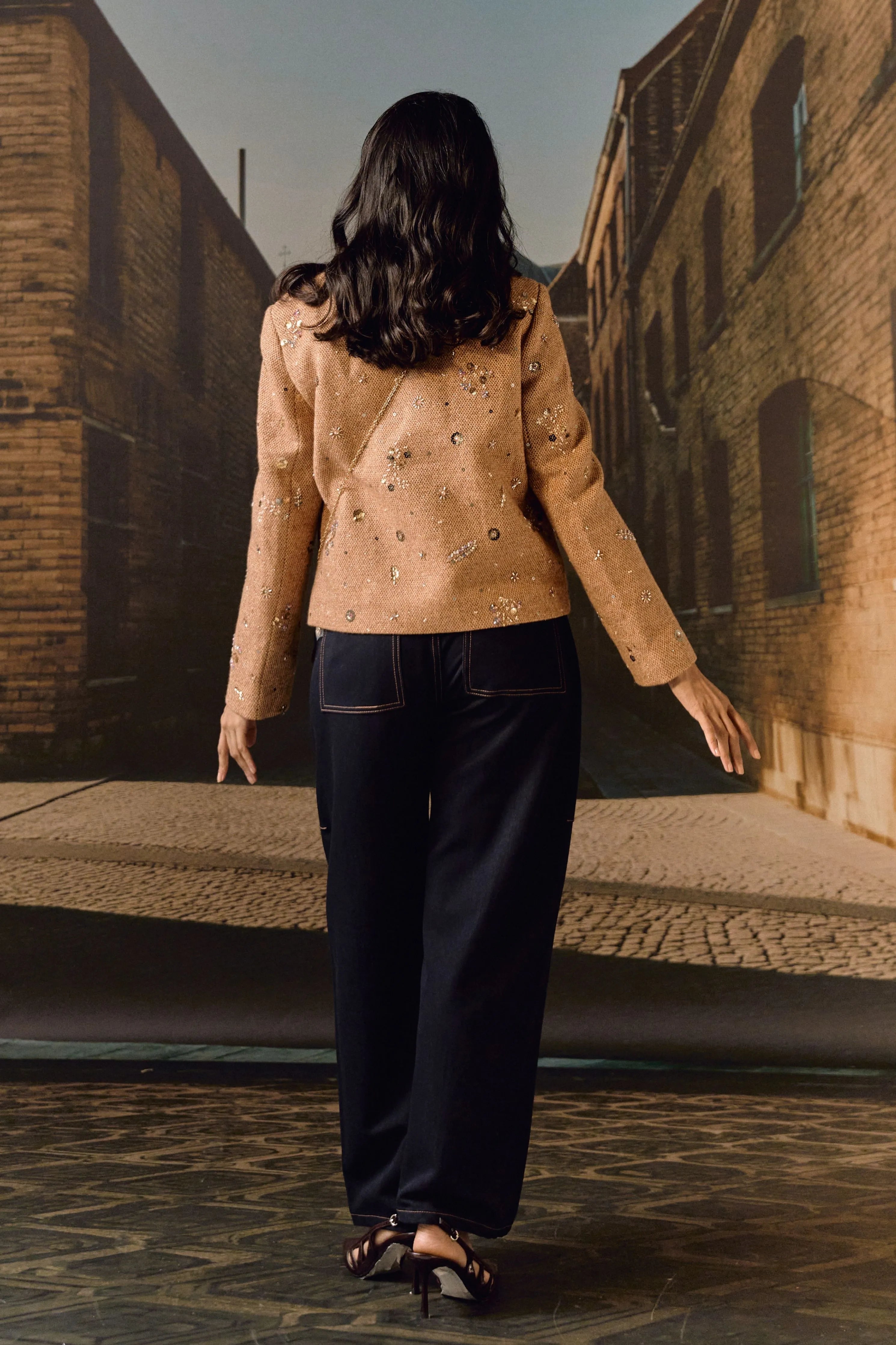 Tweed Hand Embroidered Jacket- Sand