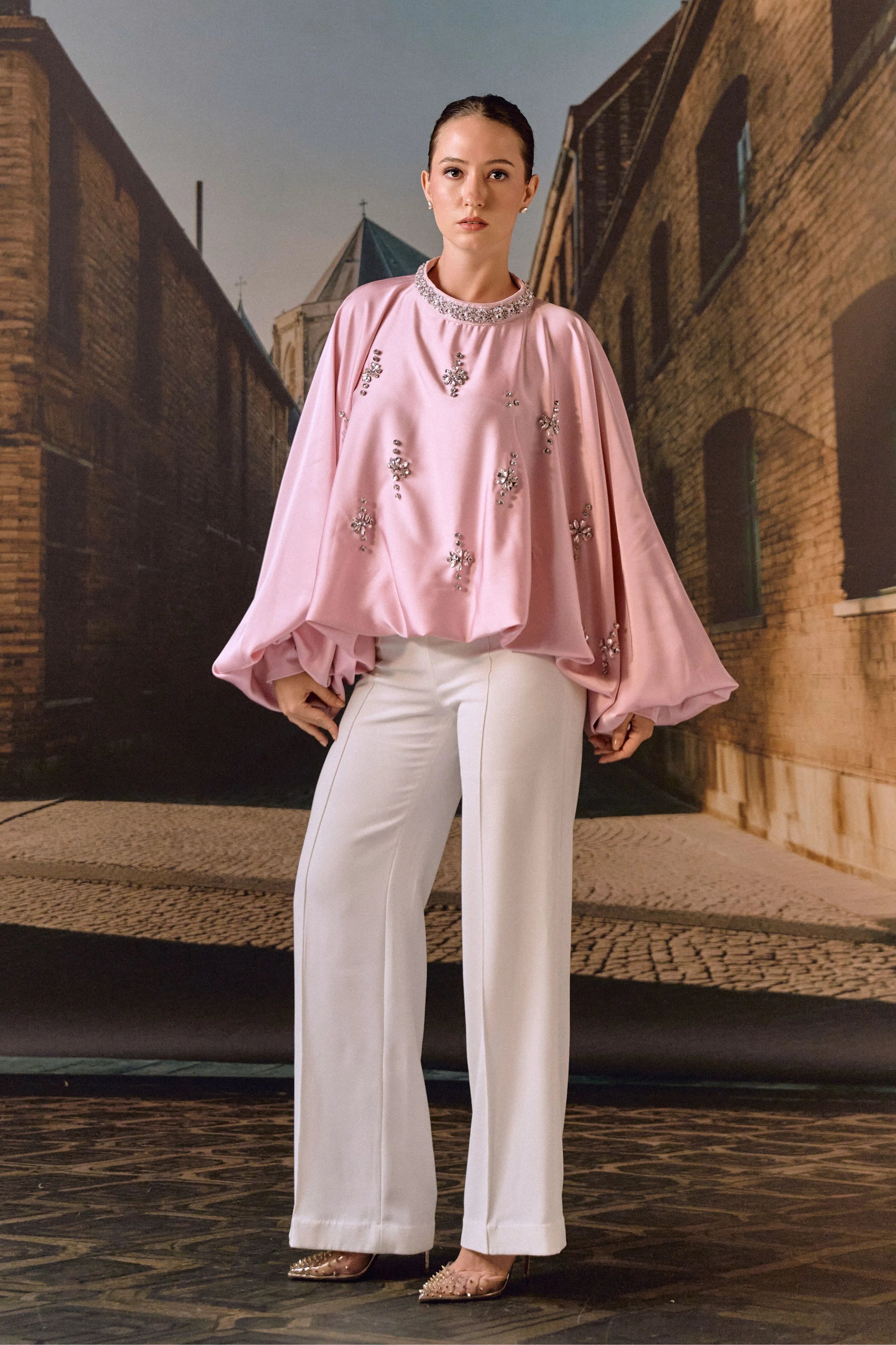 Crystal Embellished Satin Kaftan Top- Blush pink