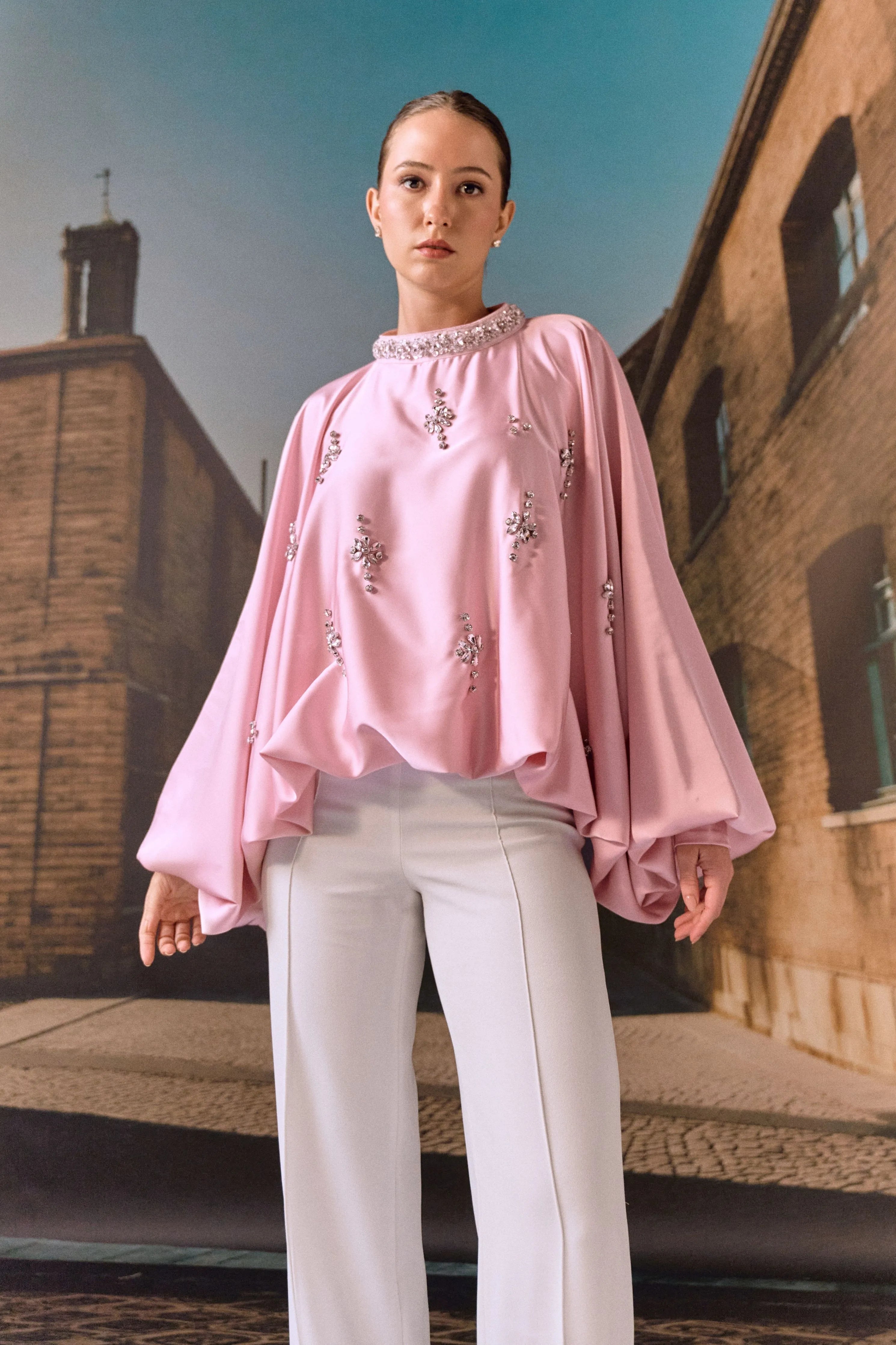 Crystal Embellished Satin Kaftan Top- Blush pink
