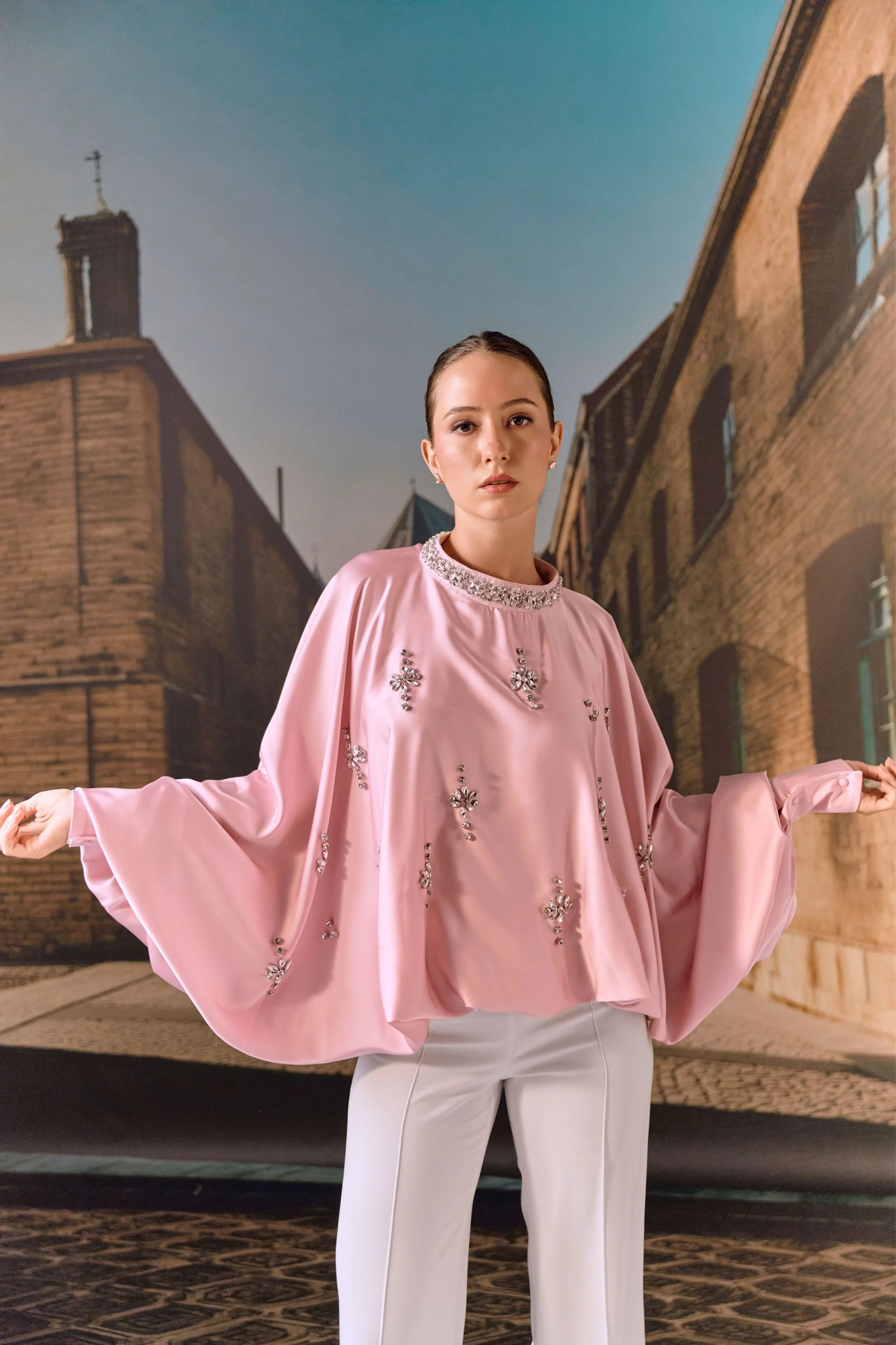 Crystal Embellished Satin Kaftan Top- Blush pink