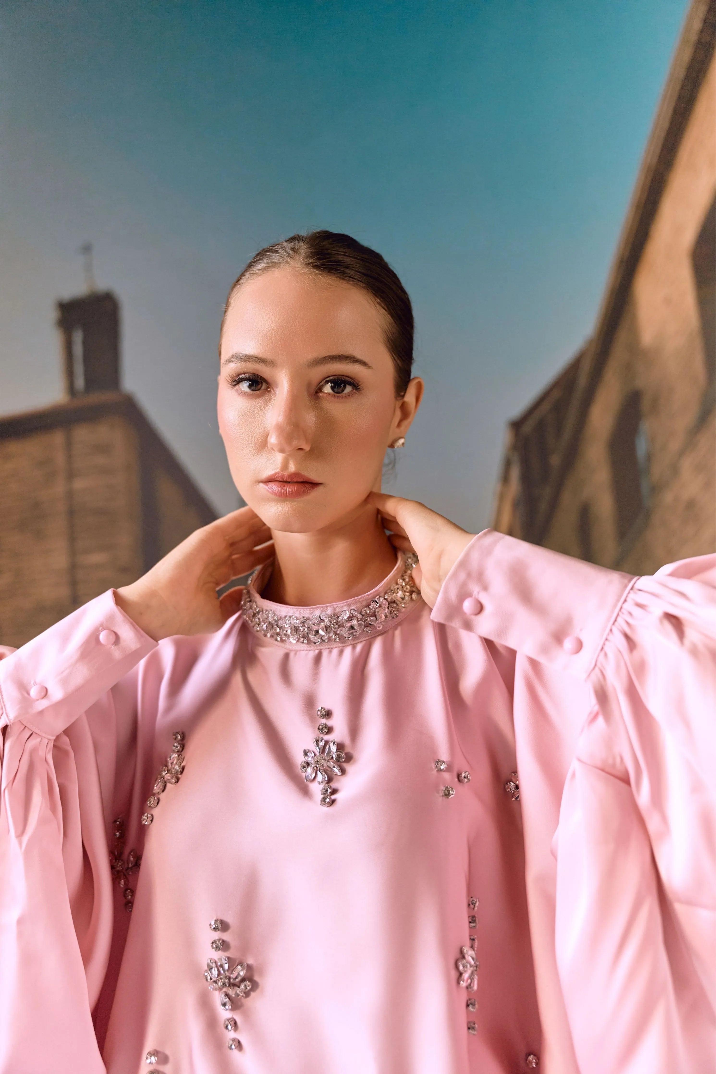 Crystal Embellished Satin Kaftan Top- Blush pink