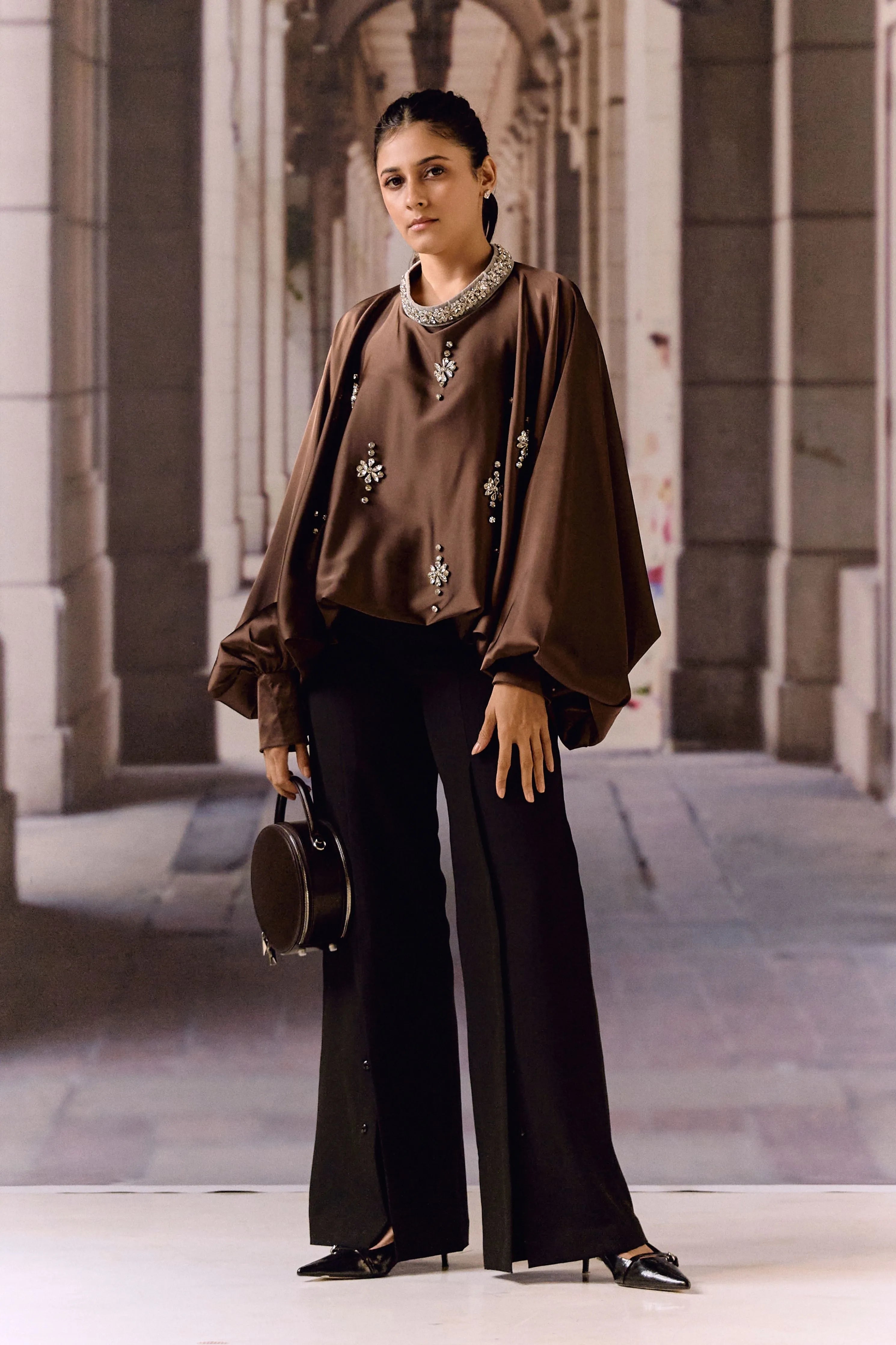 Crystal Embellished Satin Kaftan Top- Choco