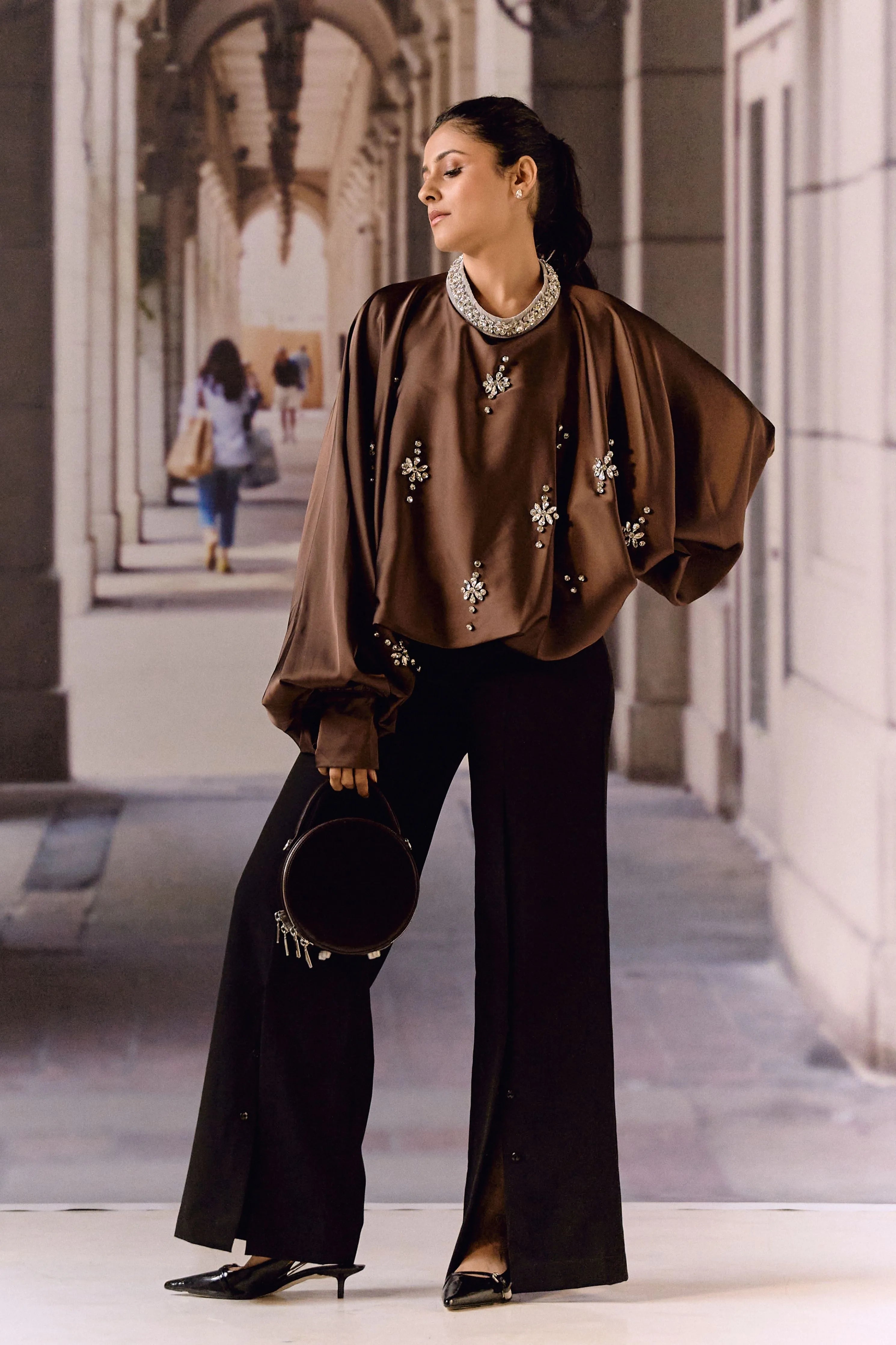 Crystal Embellished Satin Kaftan Top- Choco