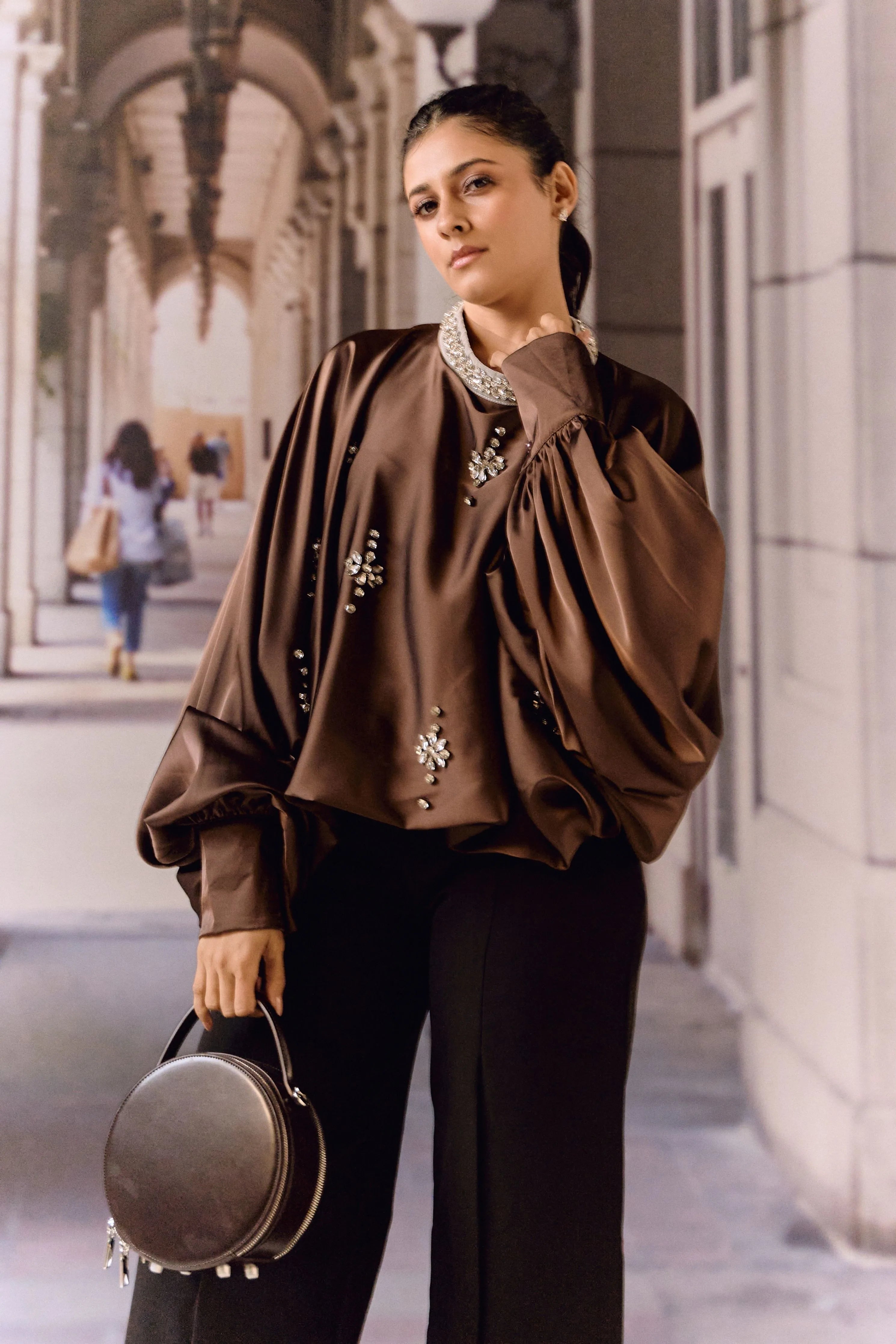 Crystal Embellished Satin Kaftan Top- Choco