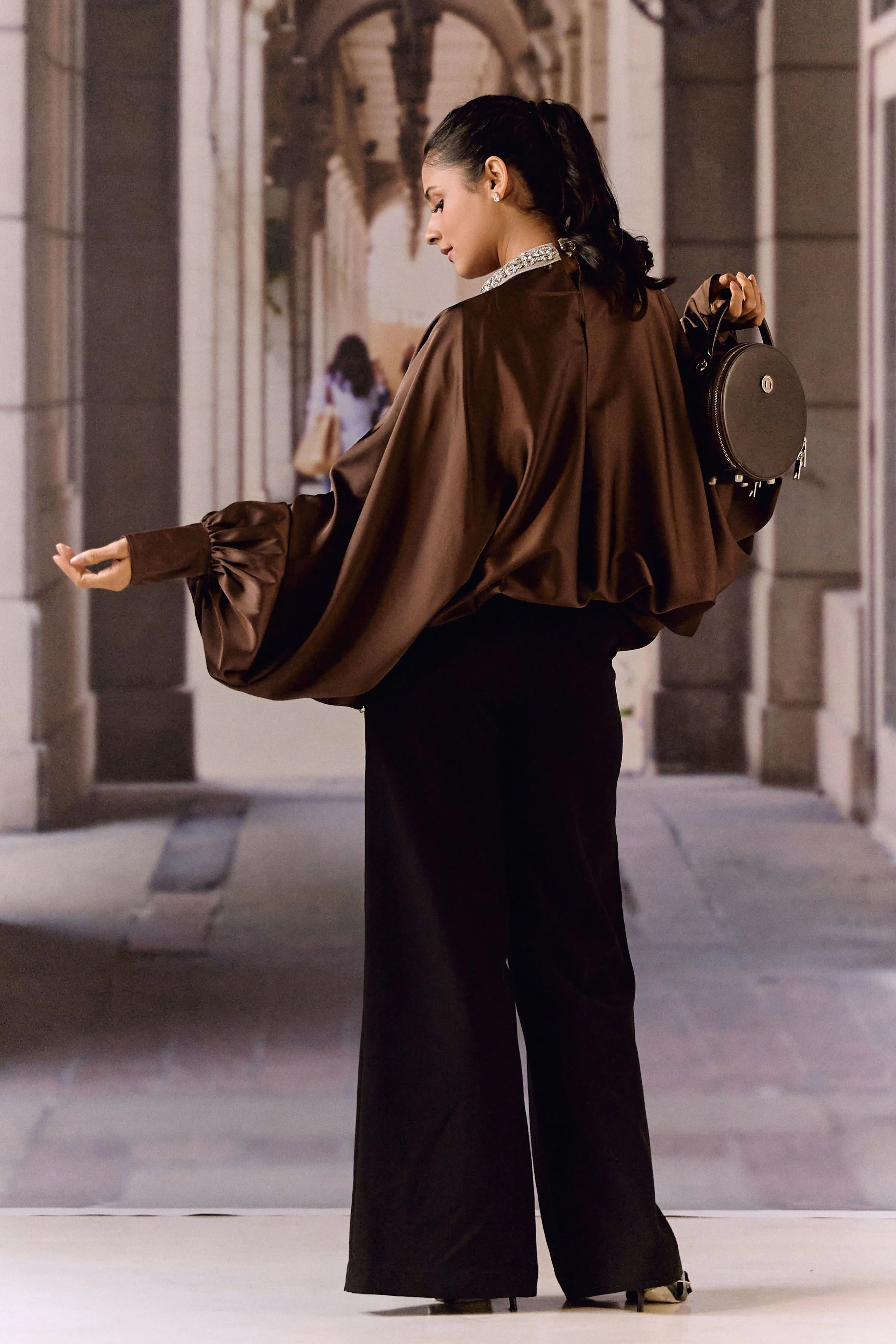 Crystal Embellished Satin Kaftan Top- Choco