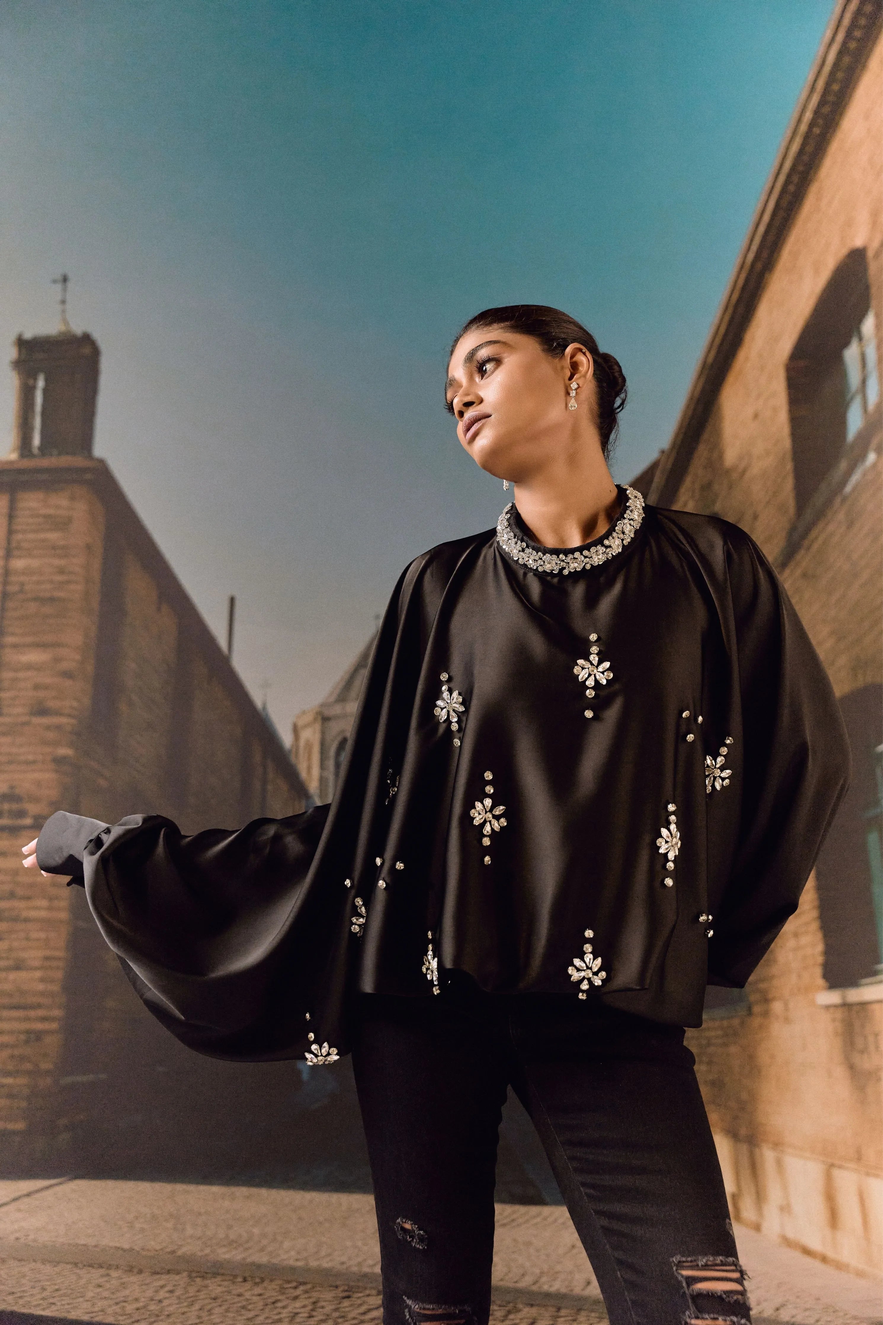 Crystal Embellished Satin Kaftan Top- Black