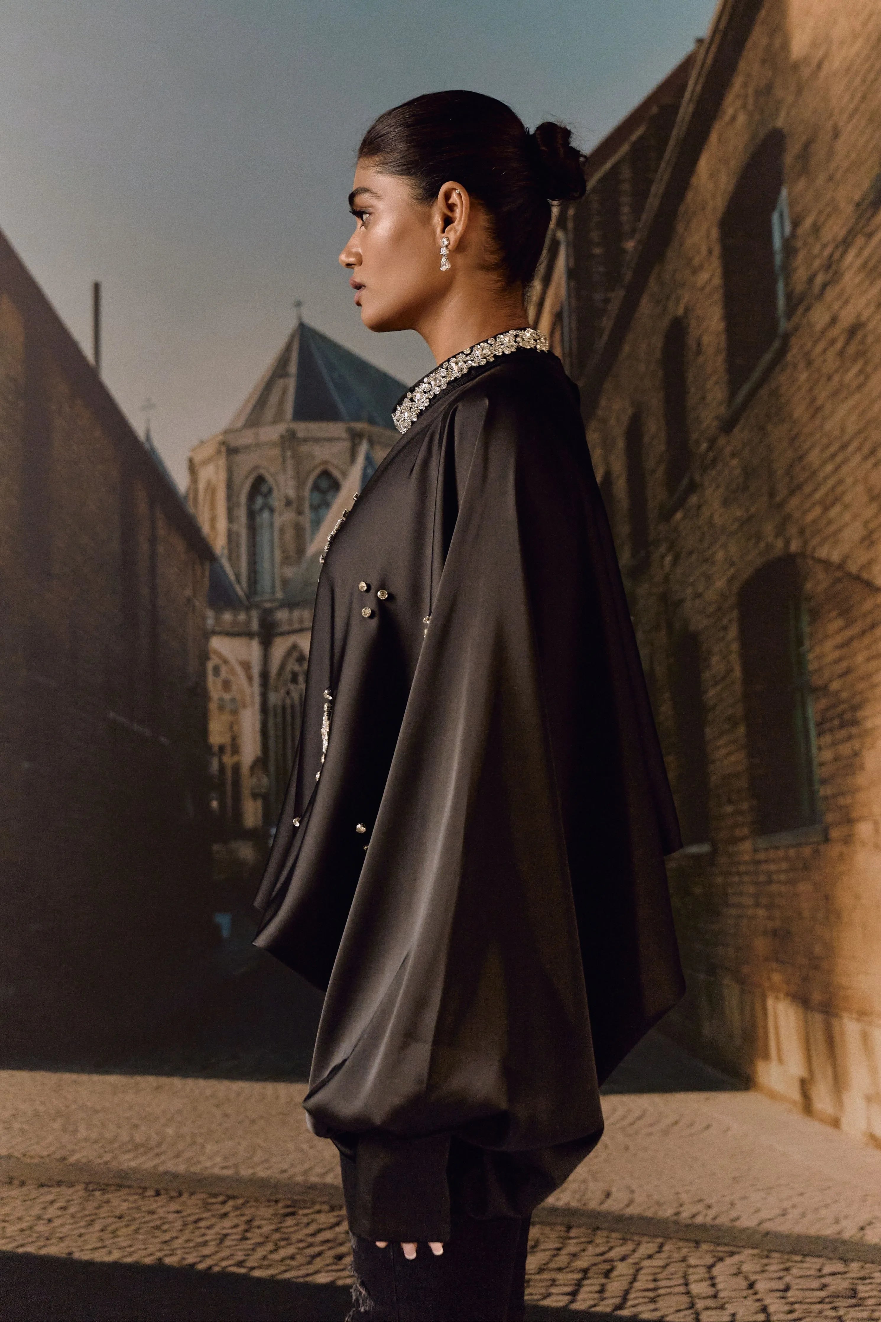 Crystal Embellished Satin Kaftan Top- Black