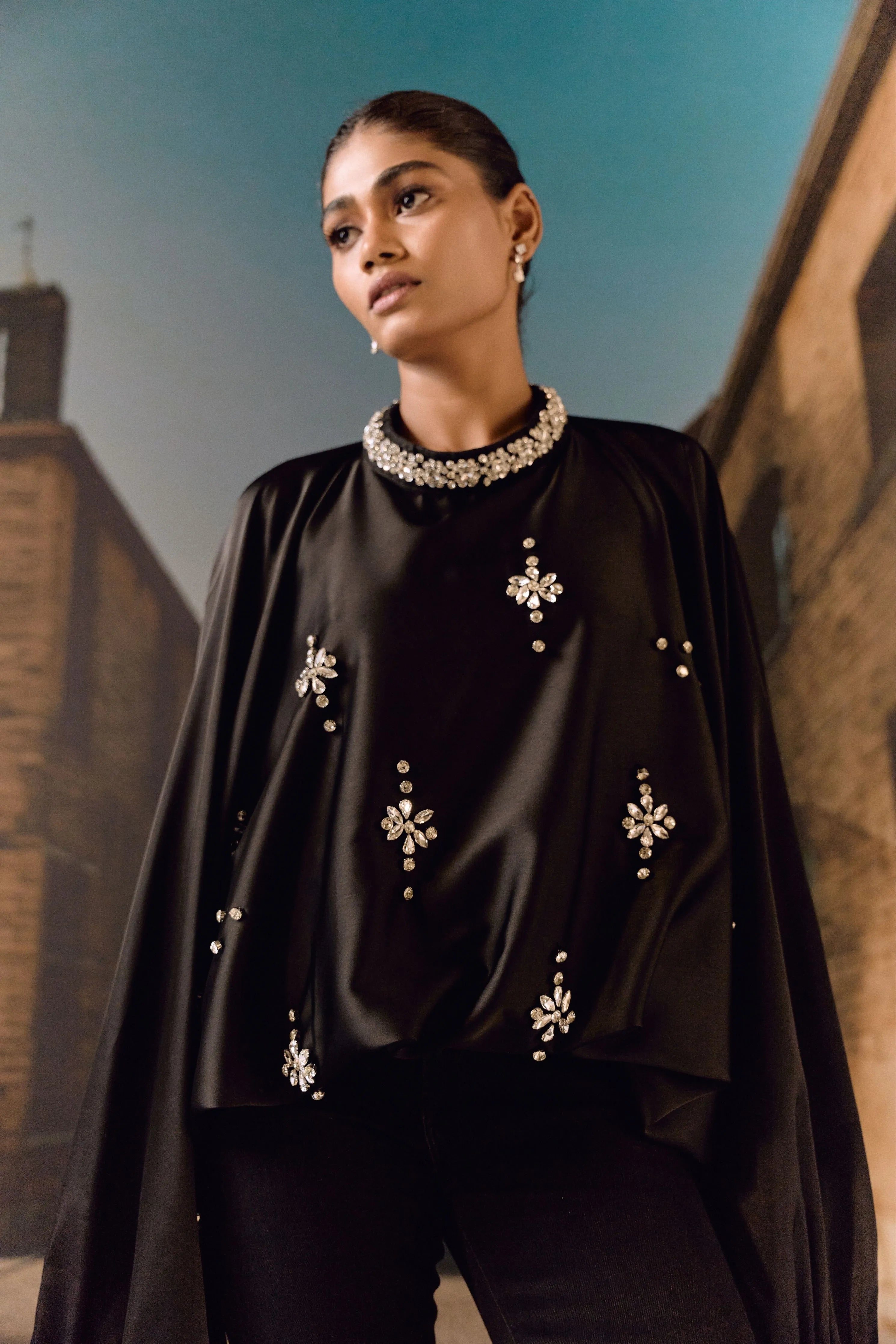 Crystal Embellished Satin Kaftan Top- Black