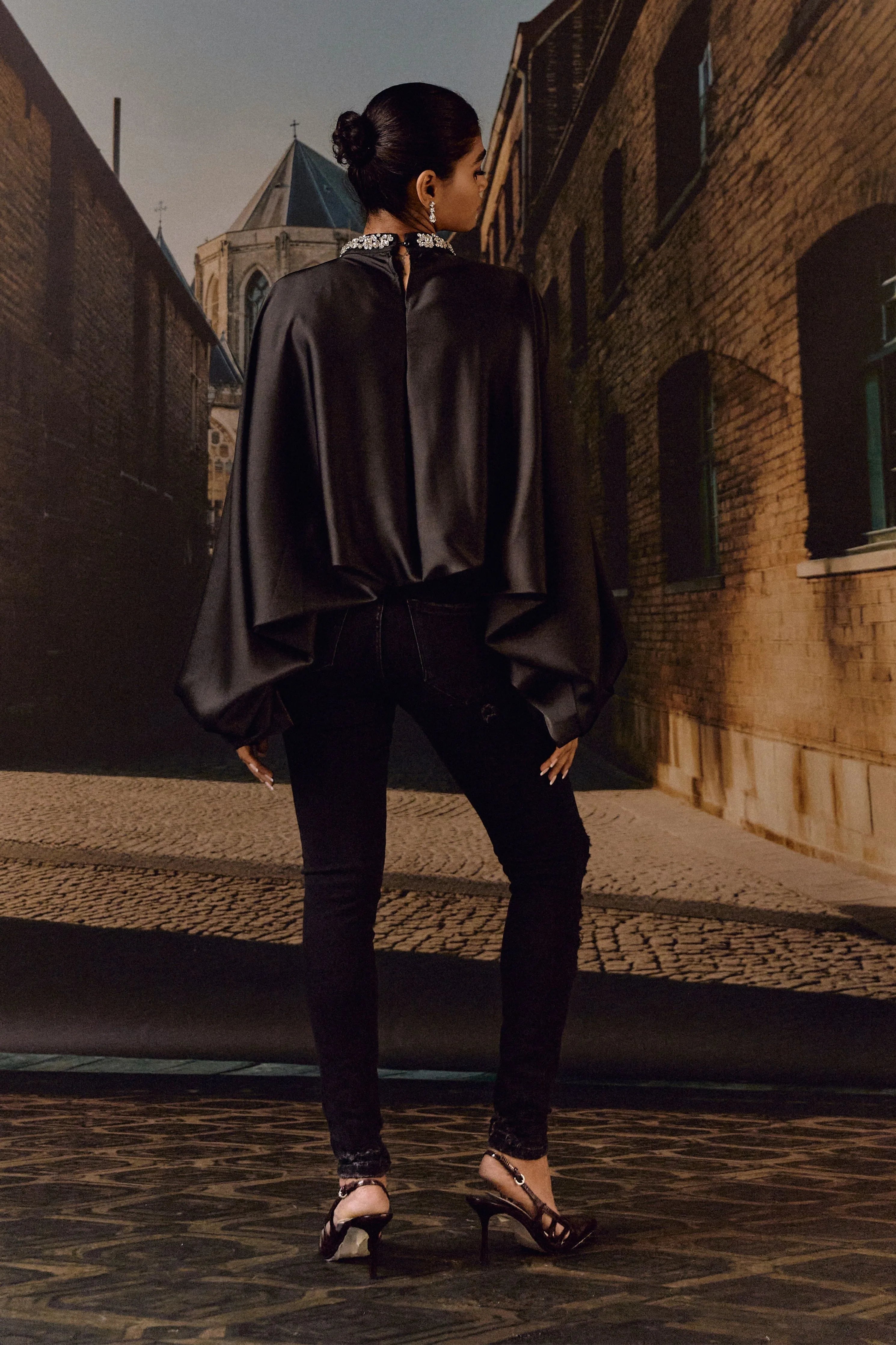 Crystal Embellished Satin Kaftan Top- Black