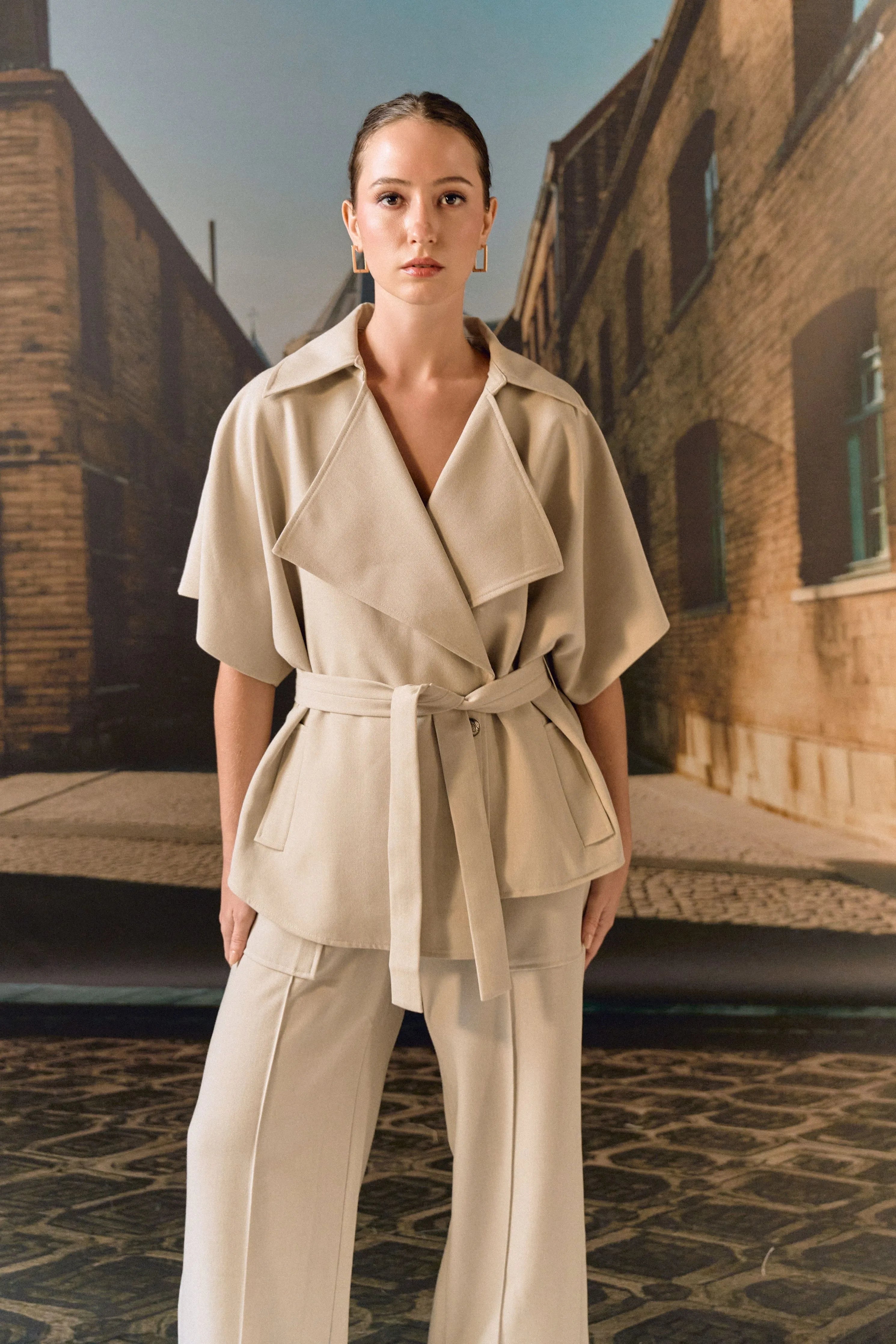 Beige Exaggerated Collar Co-Ord Set