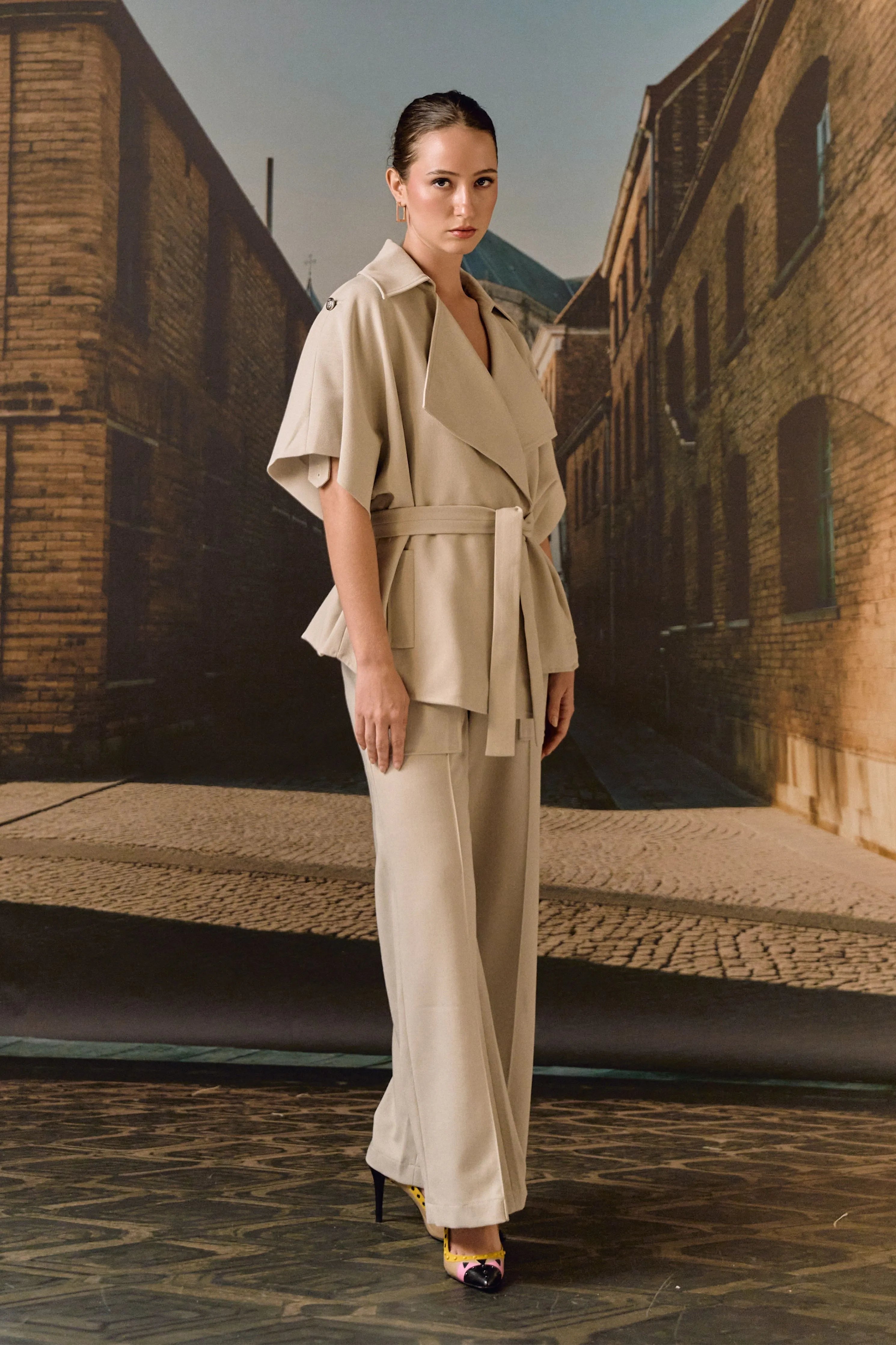 Beige Exaggerated Collar Co-Ord Set