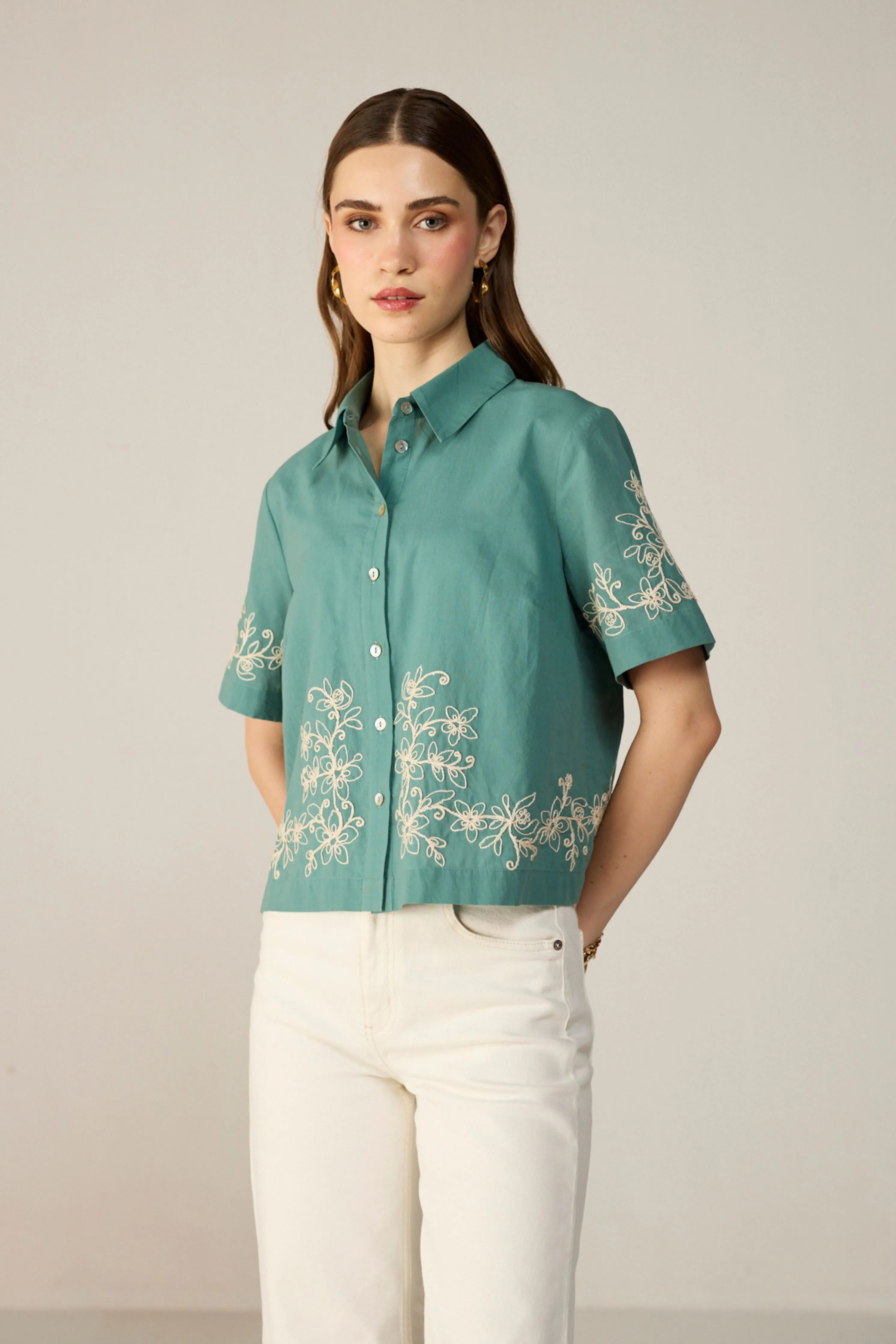 Teal Malibu Crop Shirt