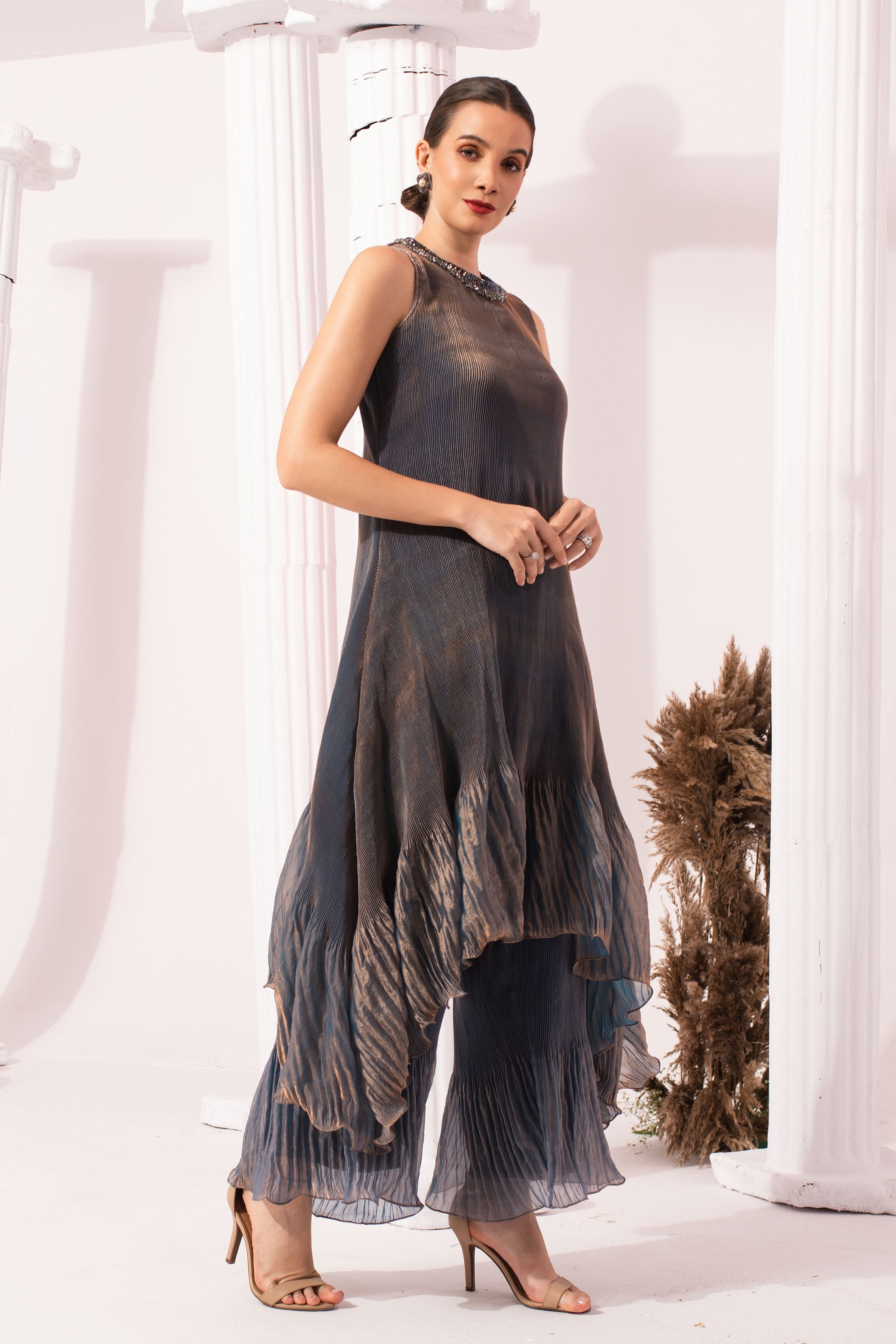 Metalic Steel Blue High Neck Kurta Set