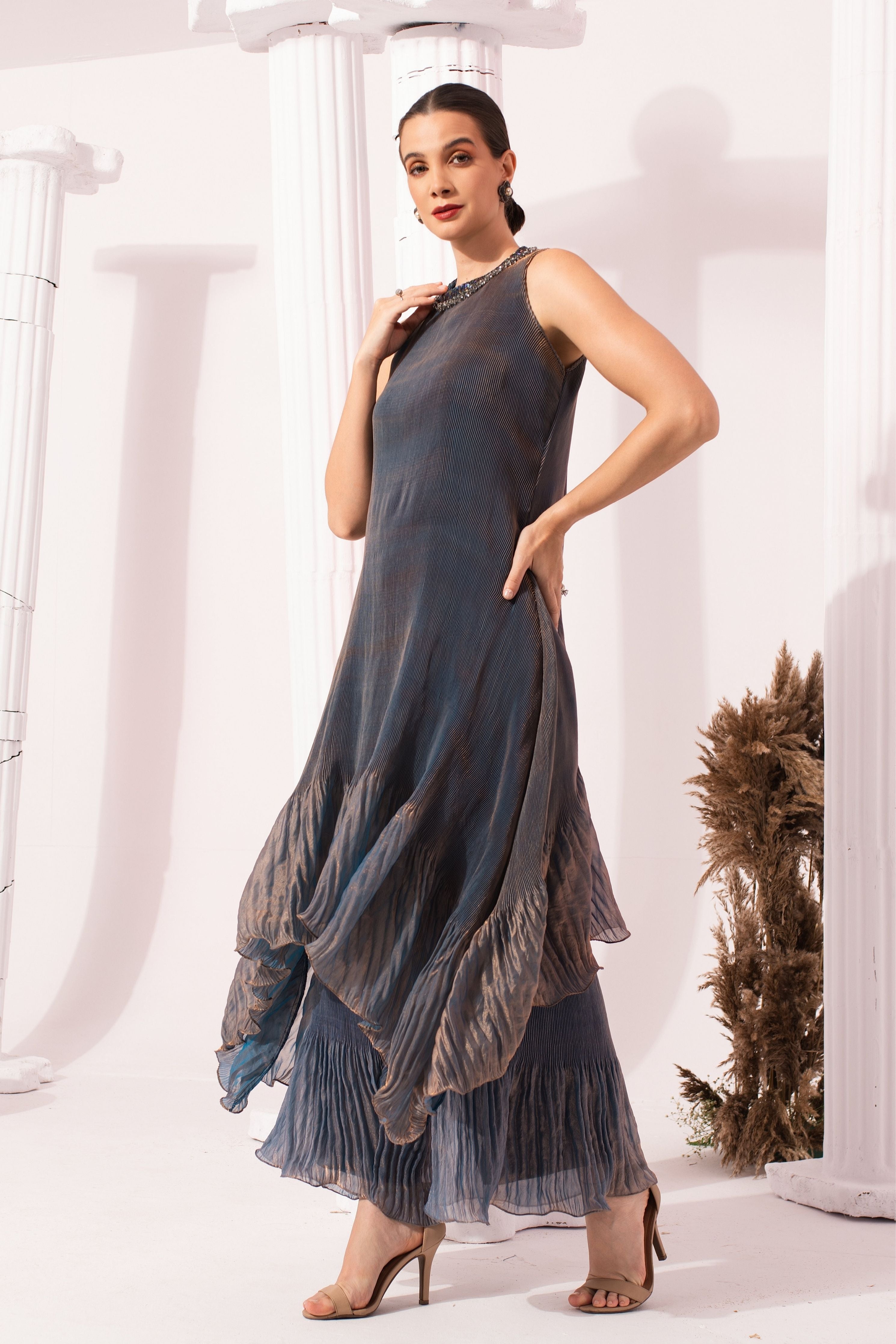 Metalic Steel Blue High Neck Kurta Set