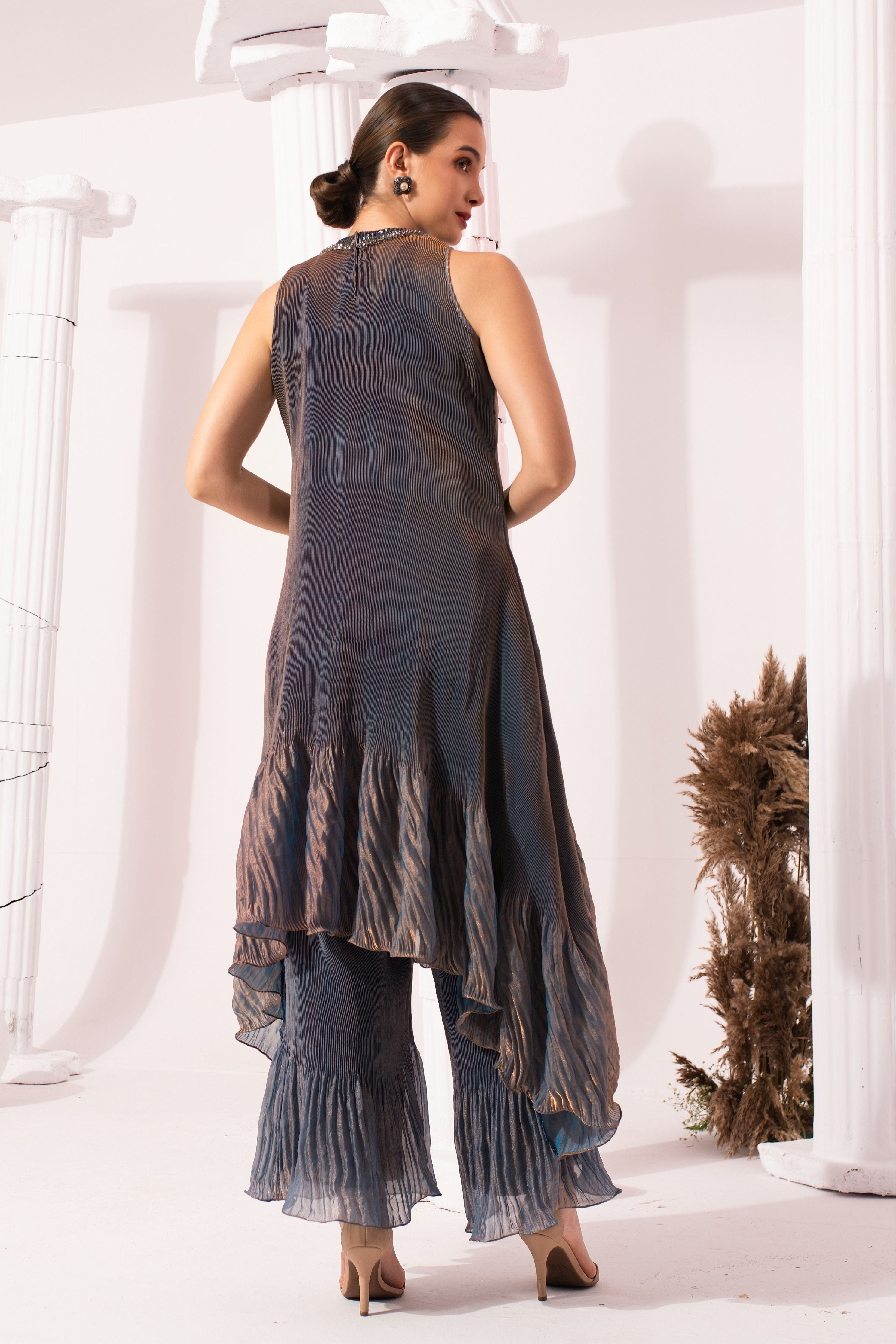 Metalic Steel Blue High Neck Kurta Set