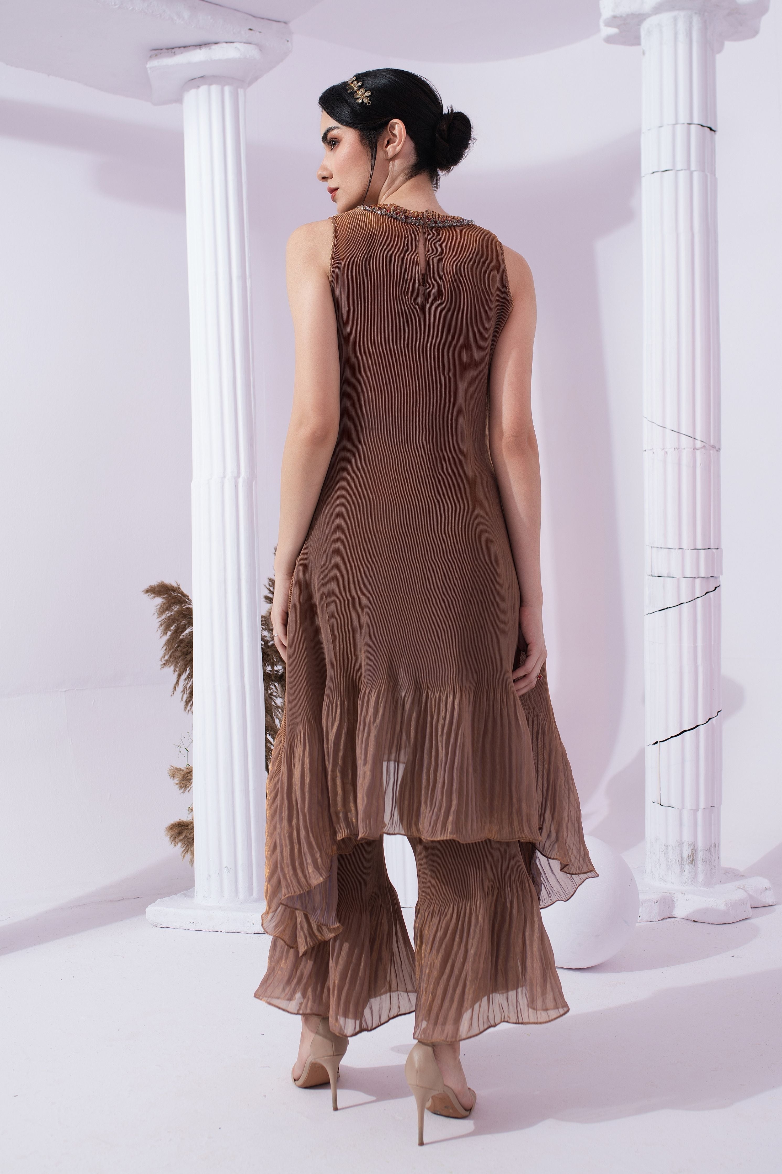 Metalic Chestnut High Neck Kurta Set