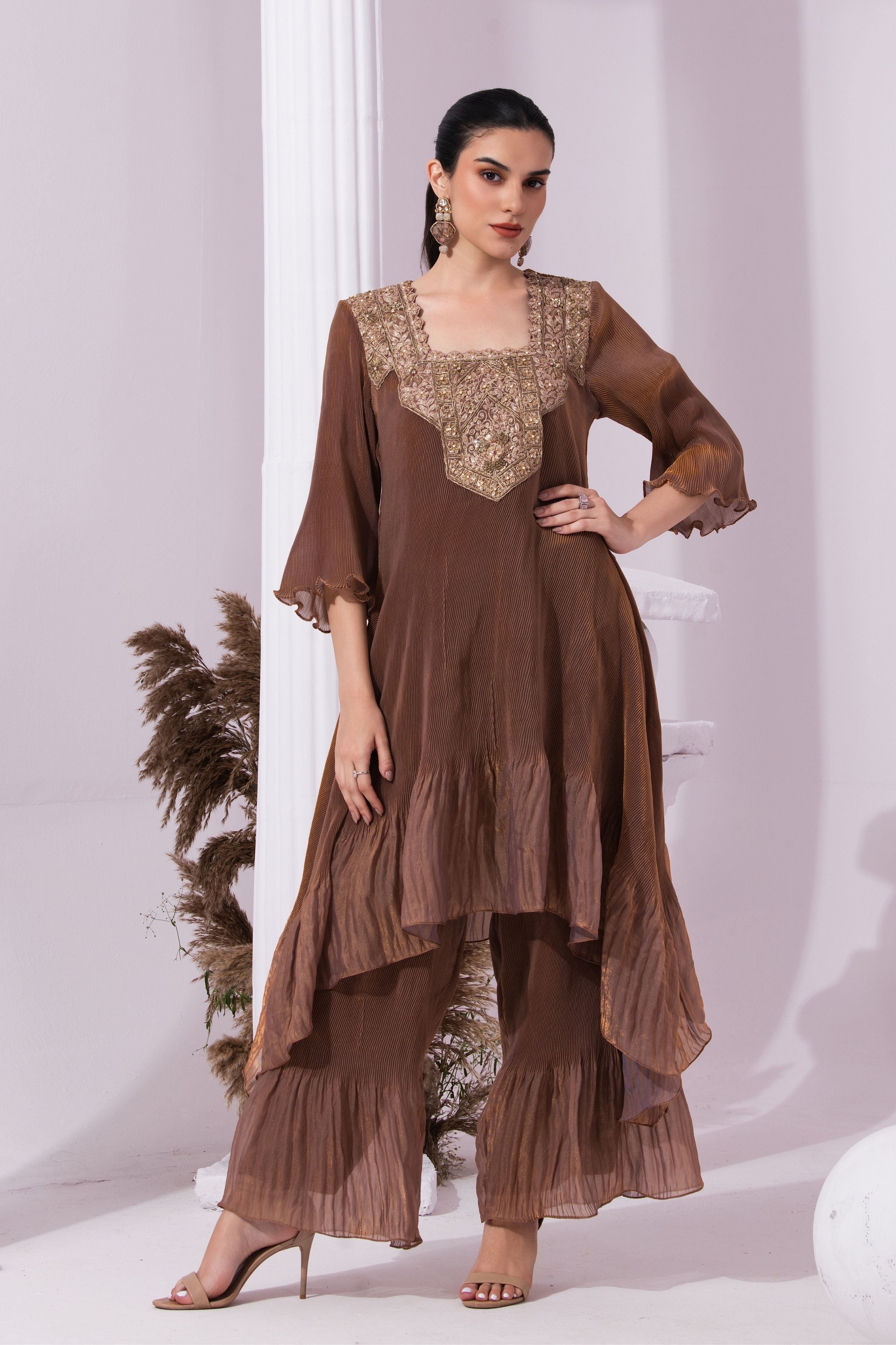 Metalic Chestnut Square Neck Suit