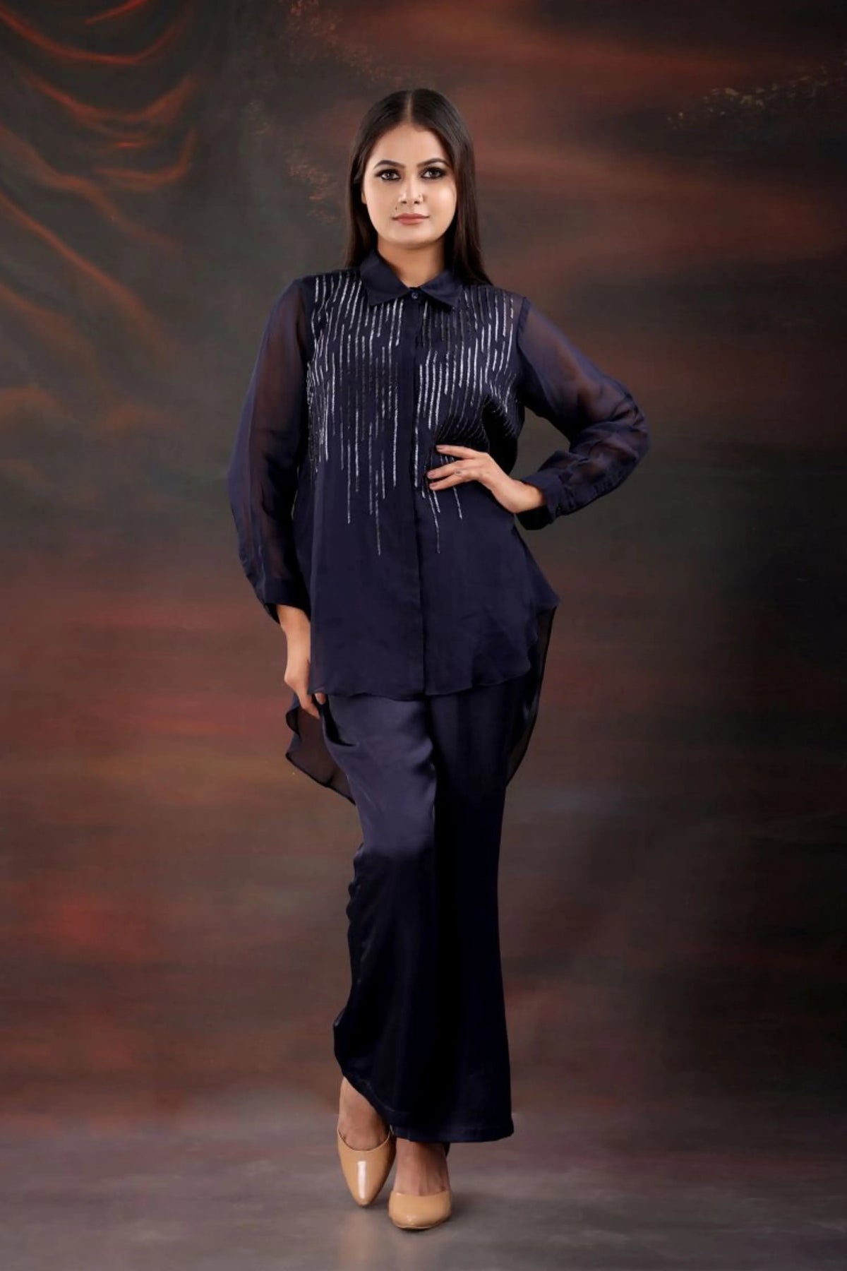 Navy Blue Collar Neck Co-Ord Set