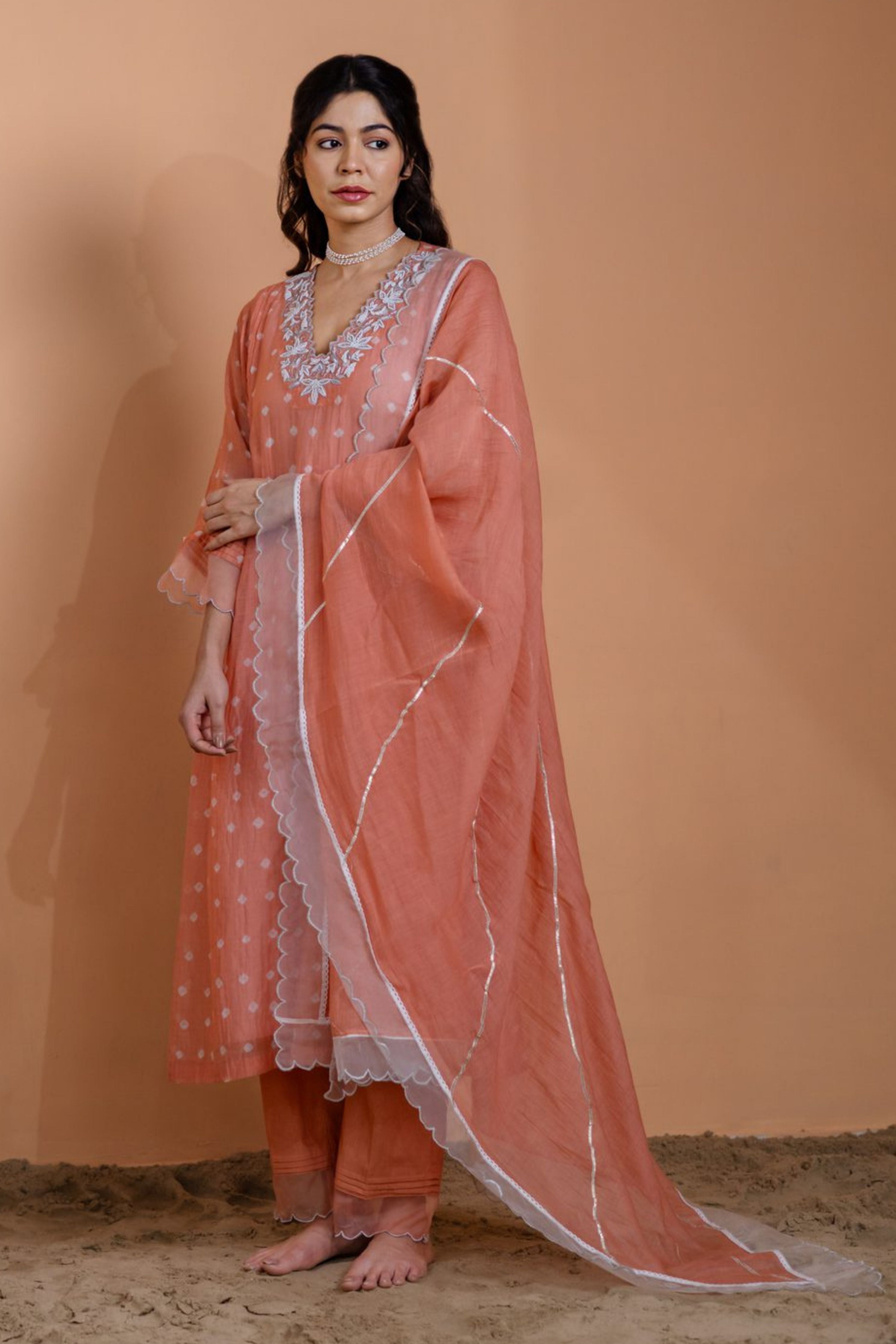 Peach Bandhani Kurta set