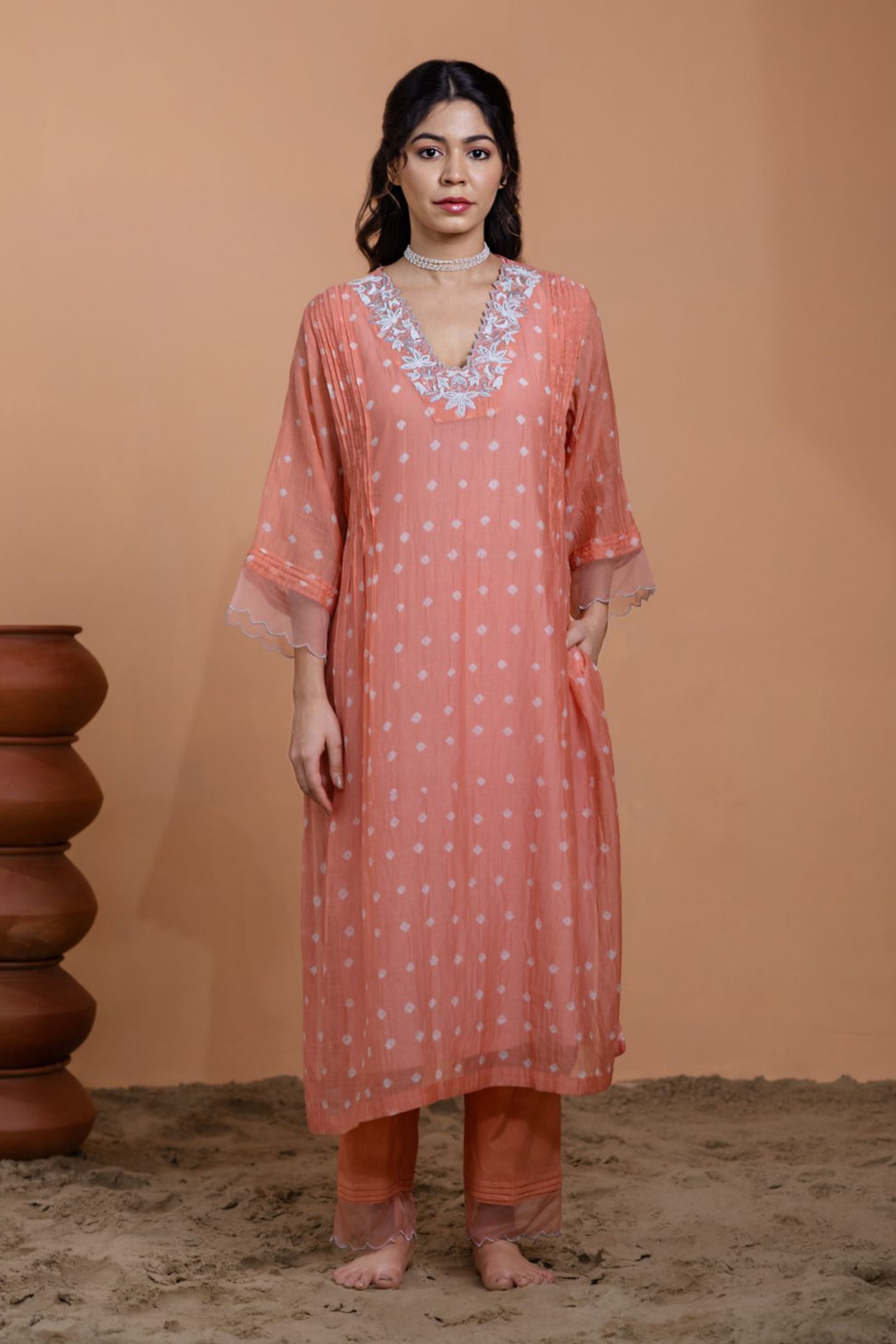 Peach Bandhani Kurta set